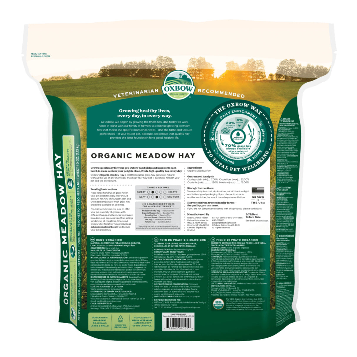 Back view of Oxbow Organic Meadow Hay Pet Food on a white background
