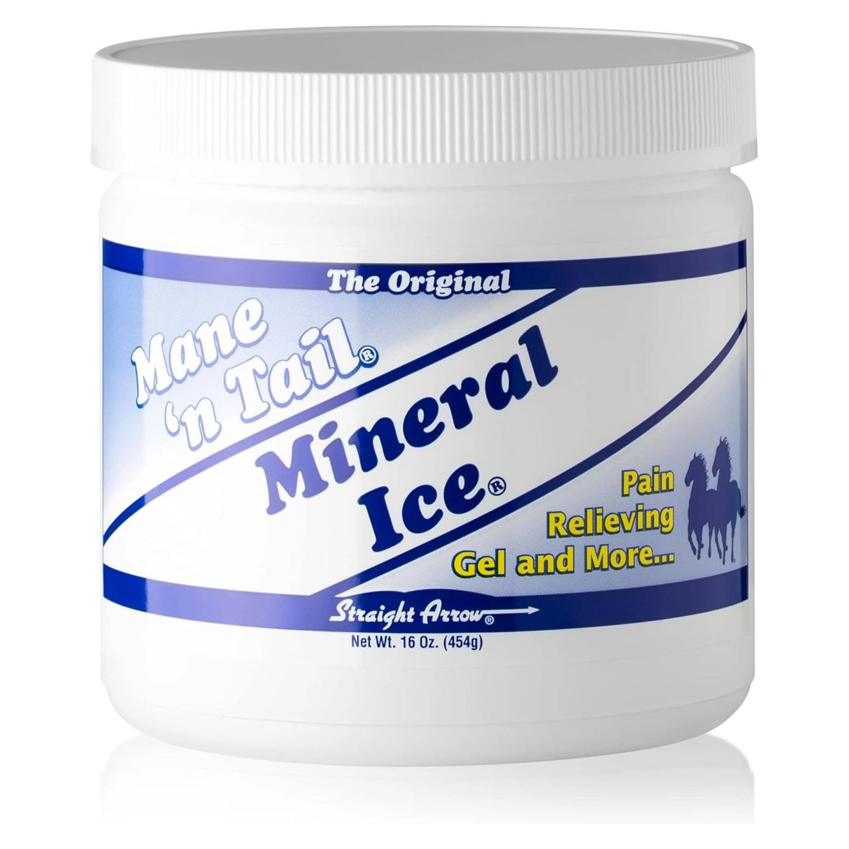 A front view part of Straight Arrow Pain Relief Gel Mineral Ice Mane 'n Tail 454 grams on a white background