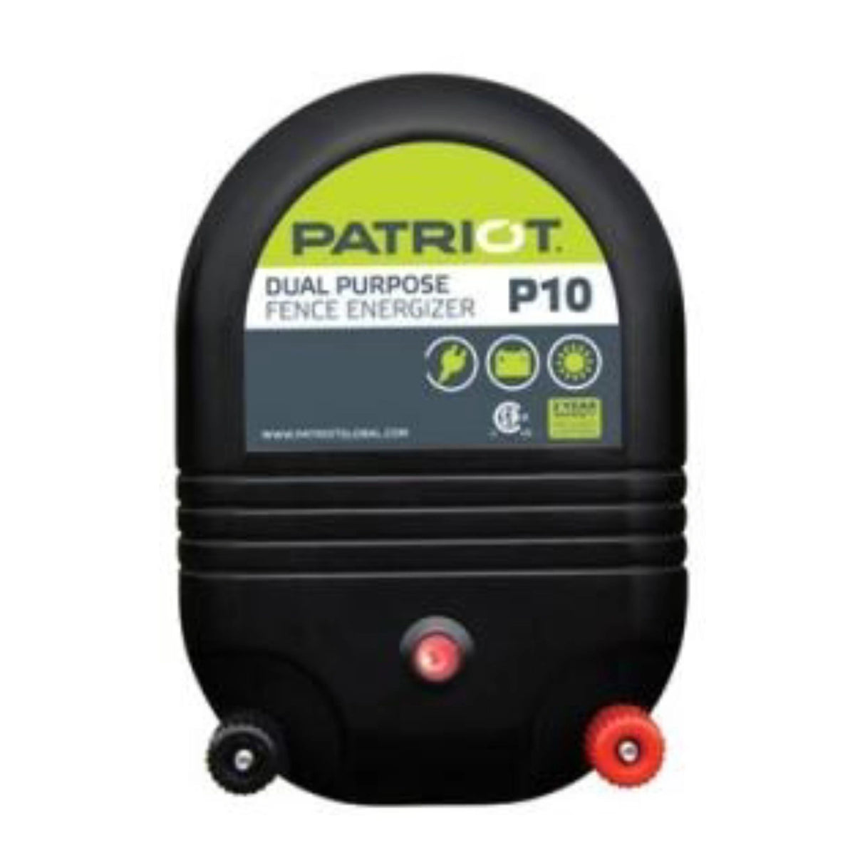 A front view of the Patriot P10 Dual Purpose Fence Energizer on a white background