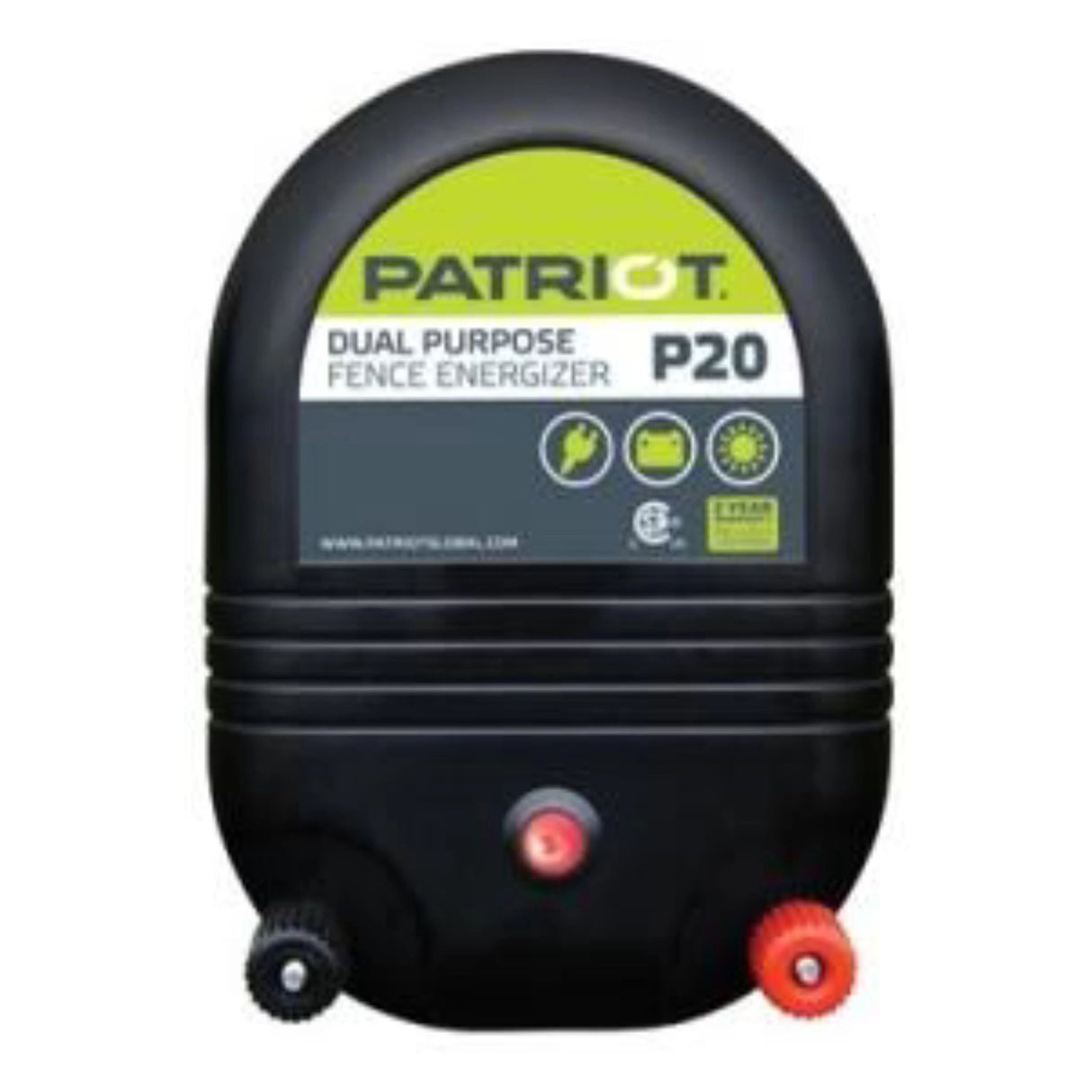 A front view of the Patriot P20 Dual Purpose Fence Energizer on a white background