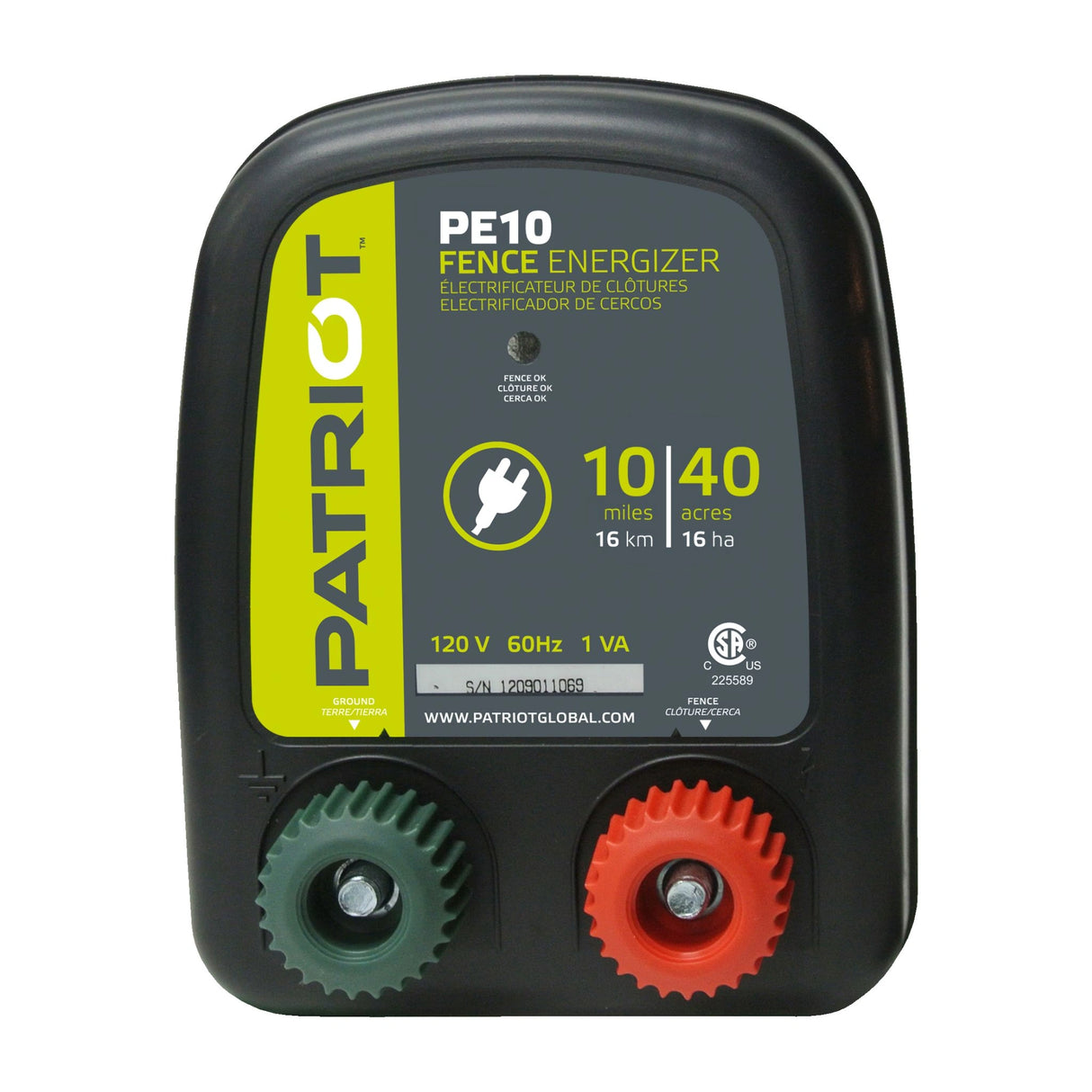 A front view of Patriot PE10 Fence Energizer AC on a white background