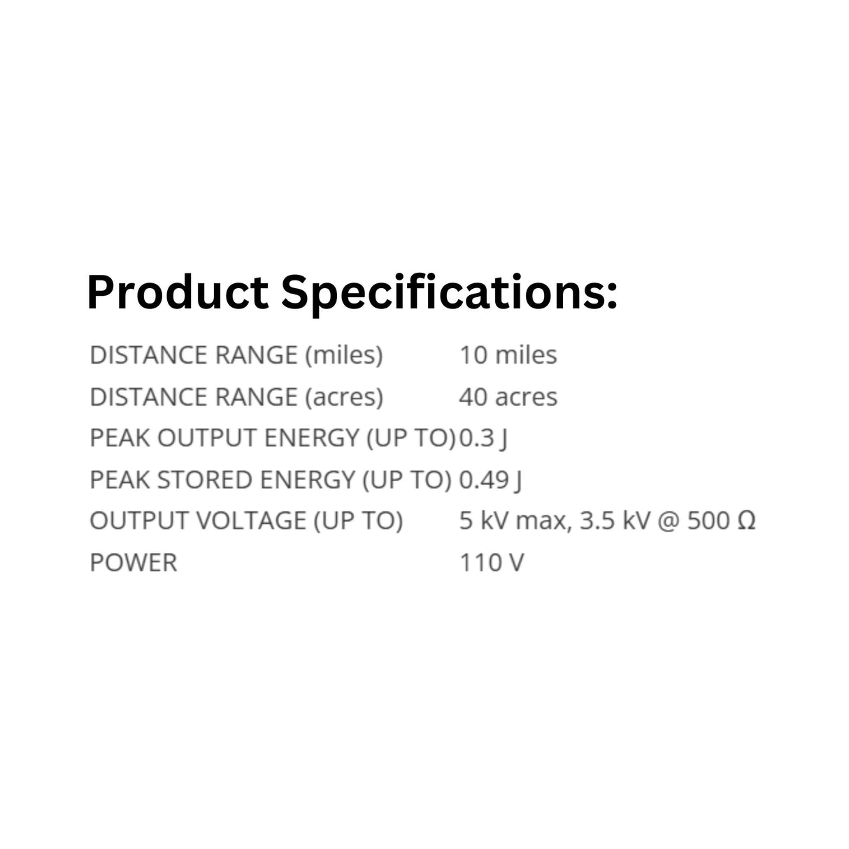 Product specifications of Patriot PE10 Fence Energizer AC on a white background