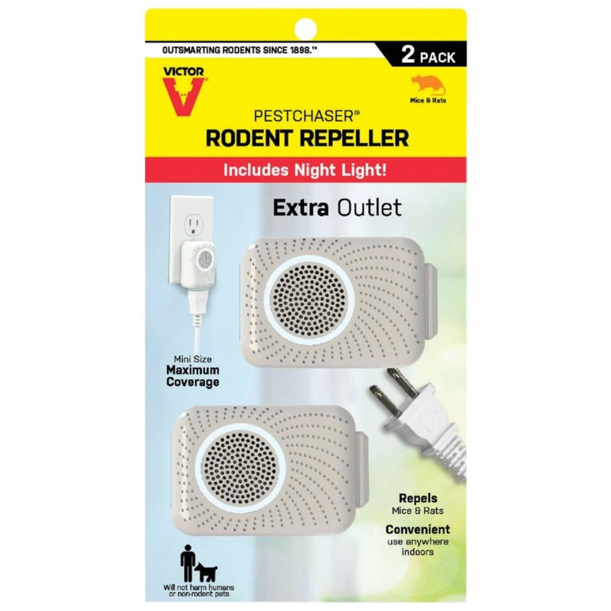 Front view of Victor Mini PestChaser Sonic Electronic Pest Repellent Twin Pack on a white background