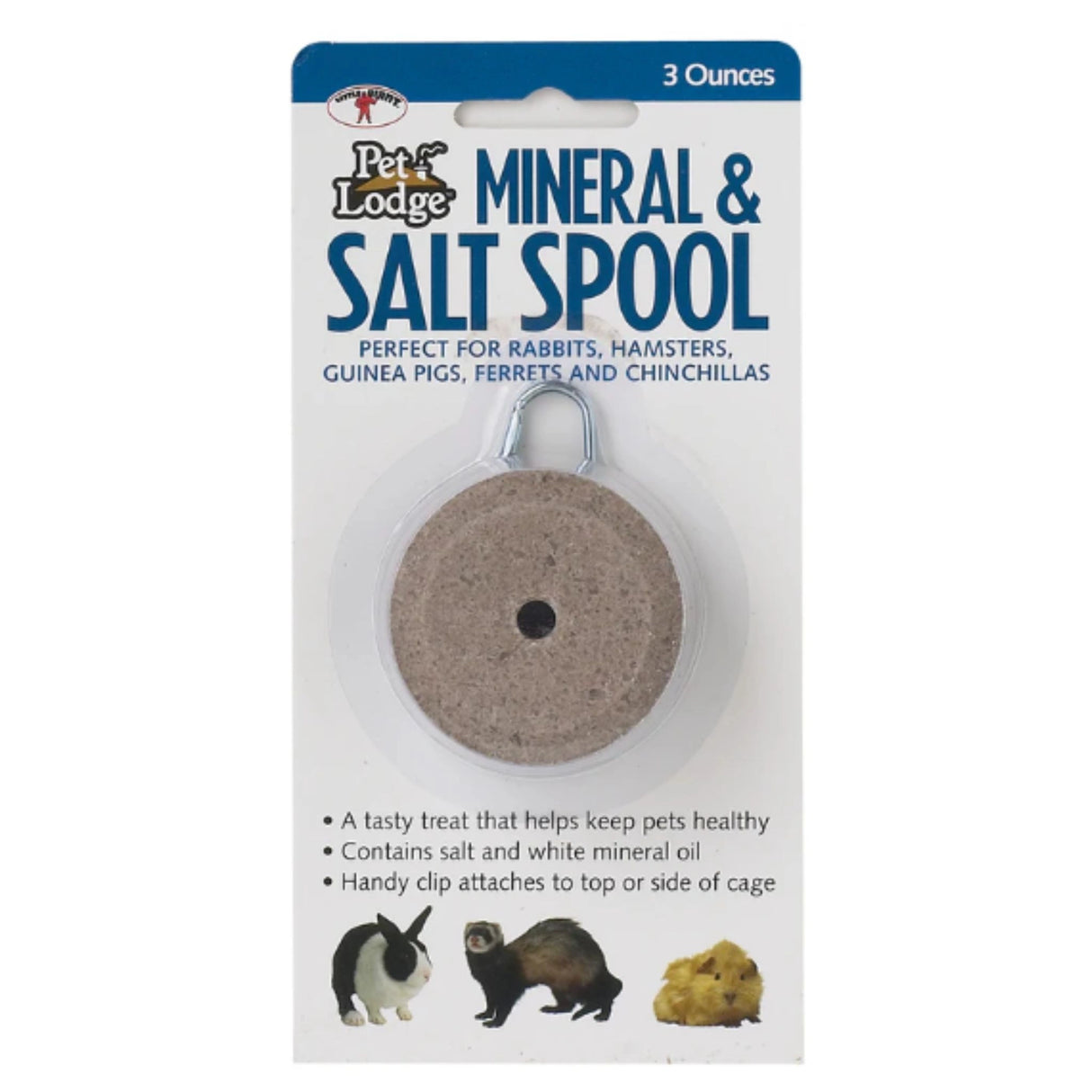 A front view of Pet Lodge Mineral Salt Spool with Hanger on a white background