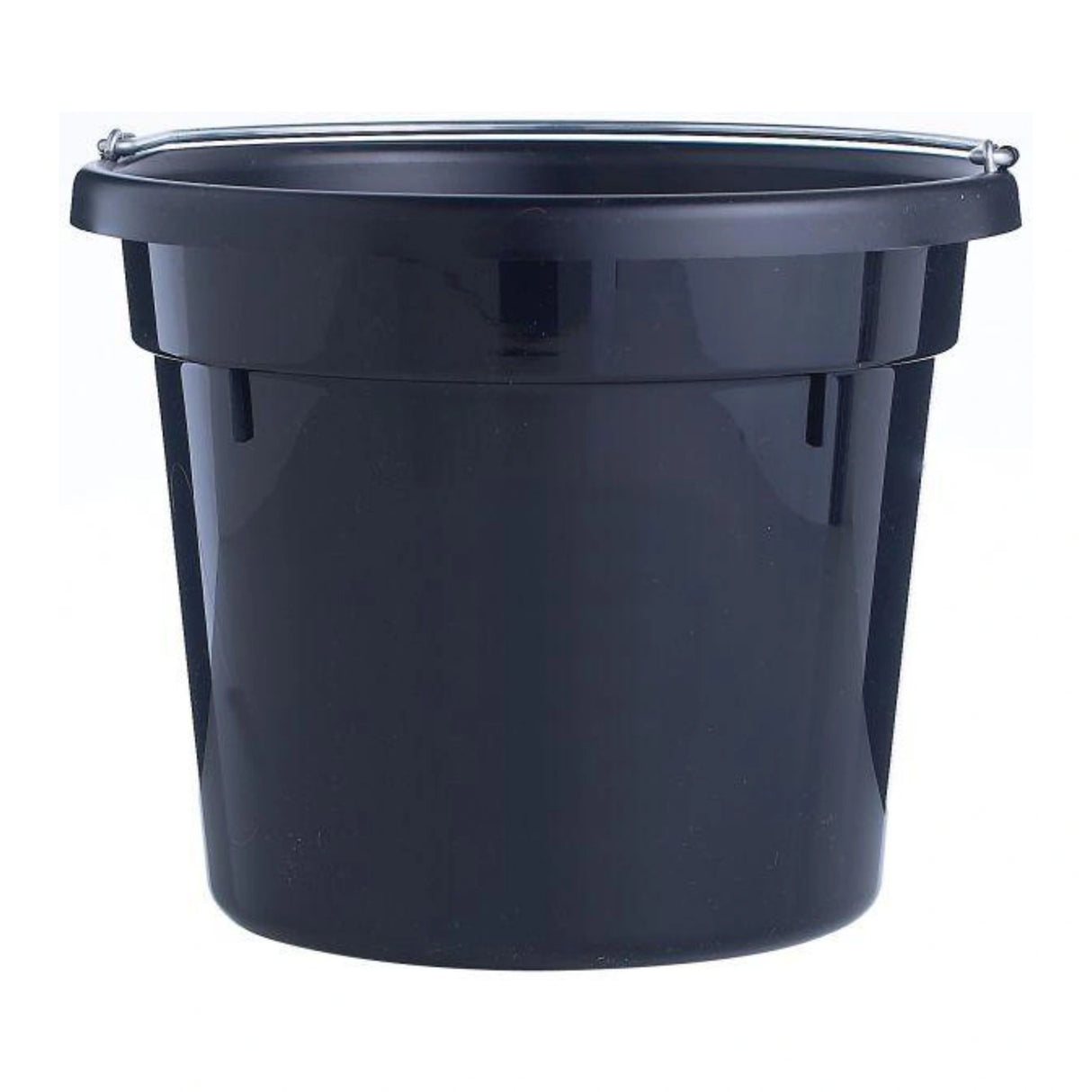 A front view of a black 10-quart round plastic utility bucket on a white background