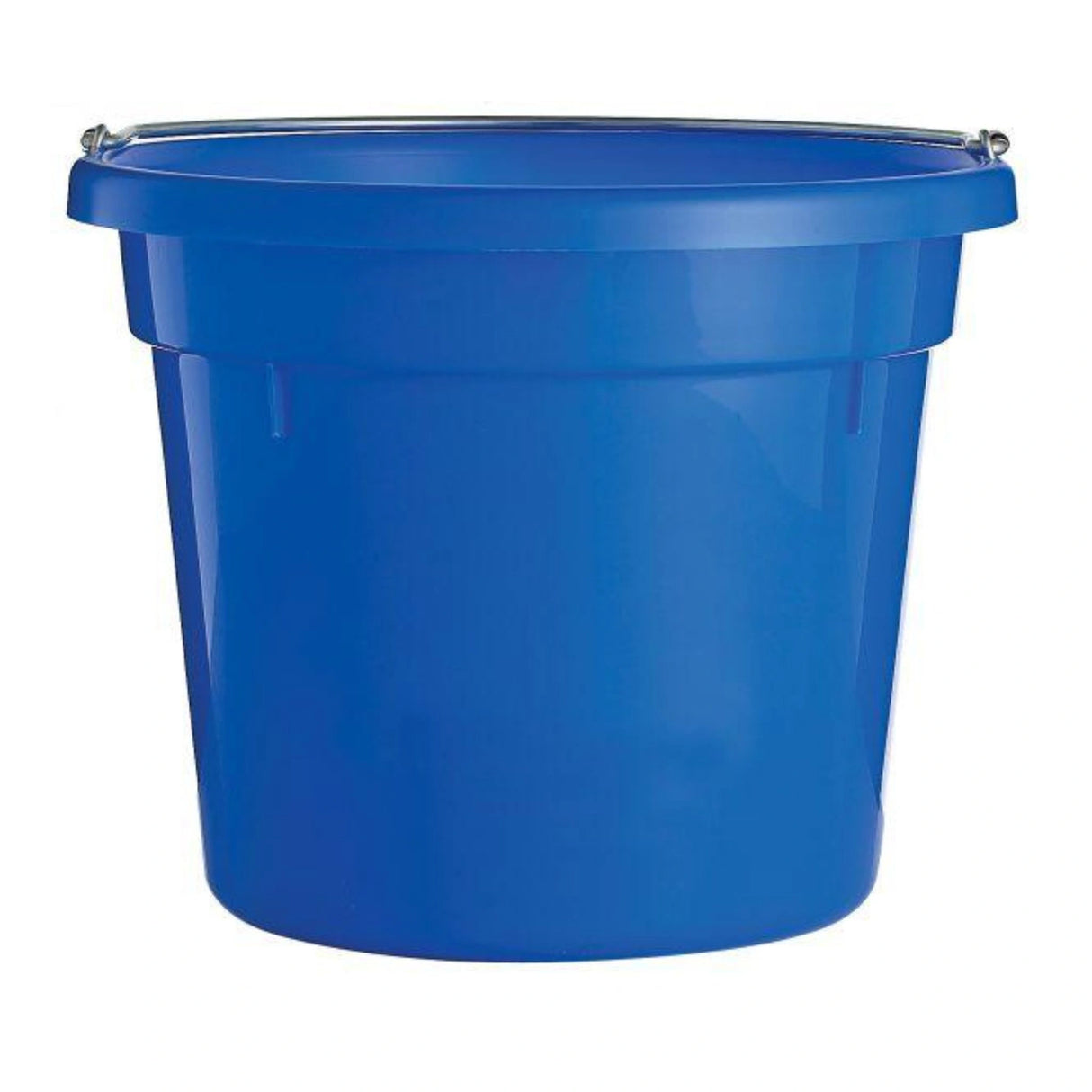 A front view of a blue 10-quart round plastic utility bucket on a white background