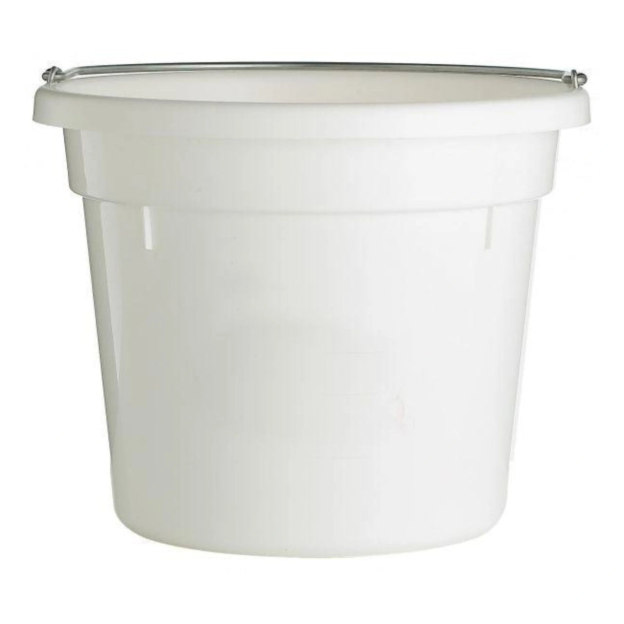 A front view of a white 10-quart round plastic utility bucket on a white background