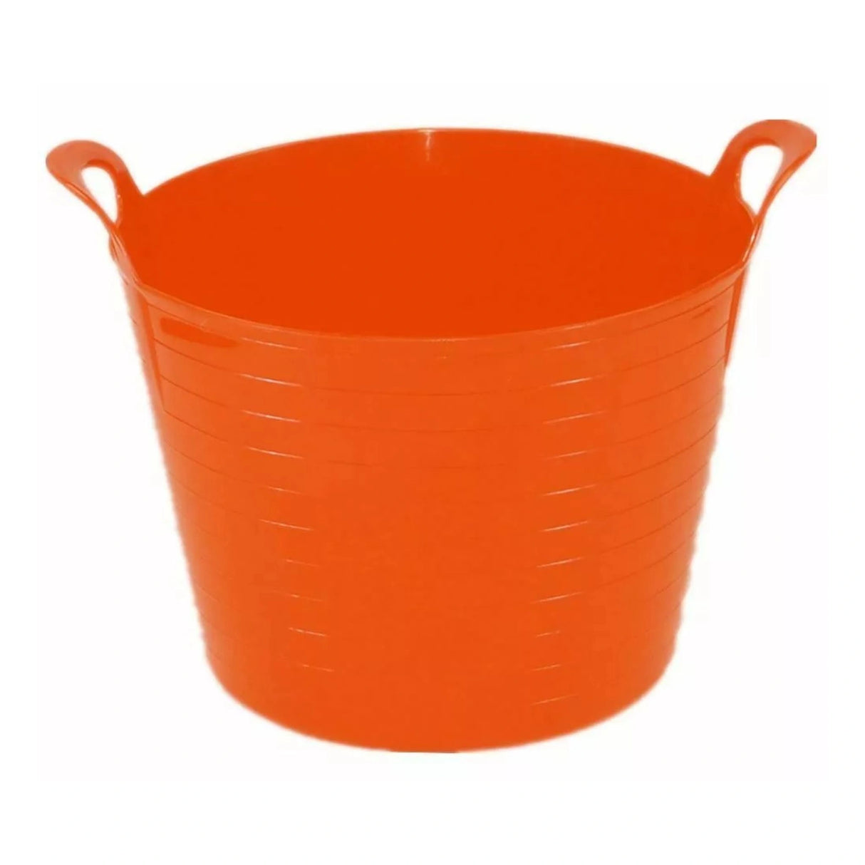 A front view of orange plastic bucket flex tub 4.2 gallon by Tuff Stuff Products on a white background