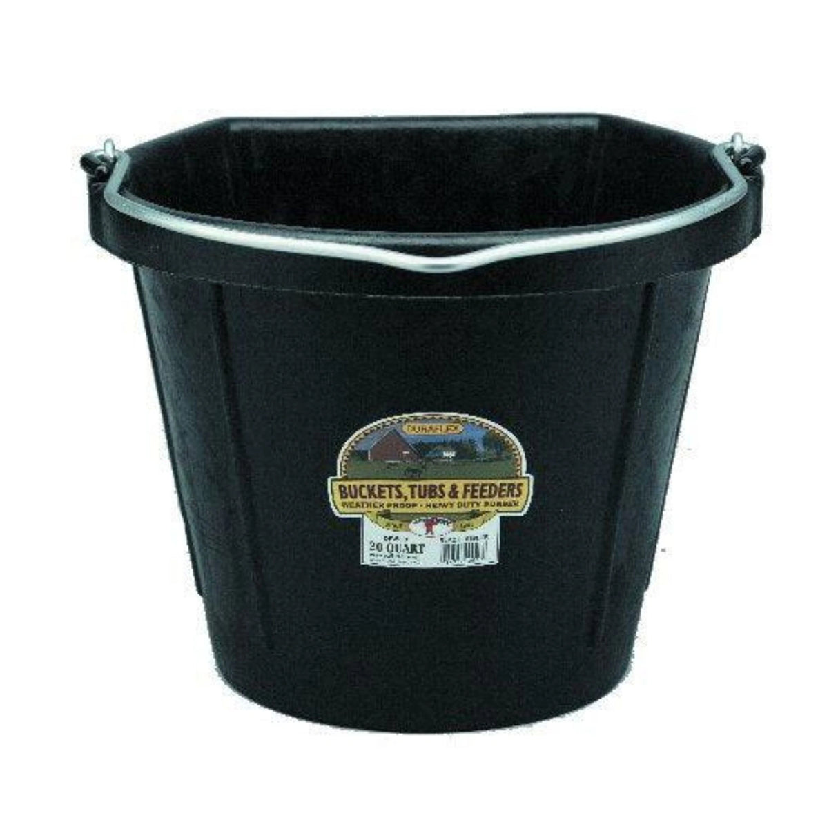 A front view of the 20 Quart Rubber Flat Back Bucket on a white background