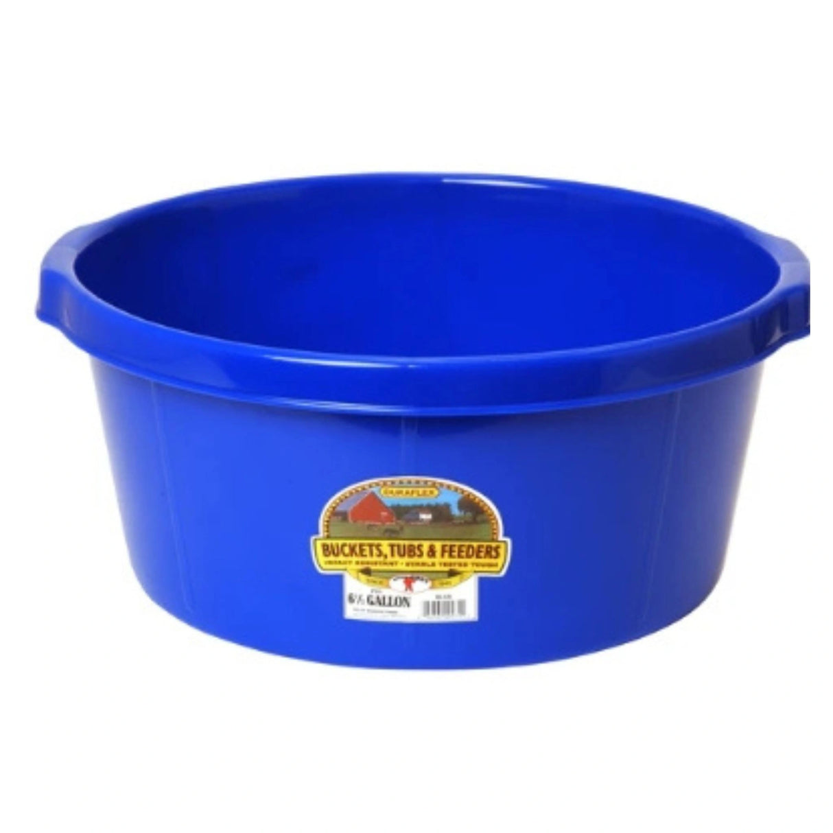 A front view of a blue 6.5 Gallon Plastic All-Purpose Tub on a white background