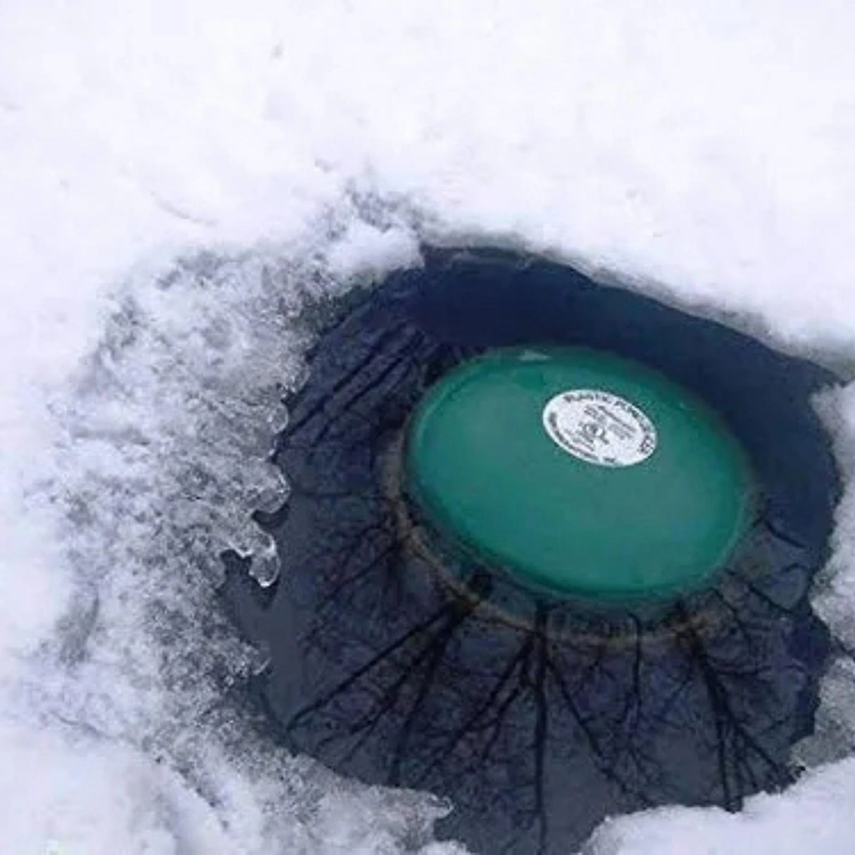 Farm Innovators 1250W Cast Aluminum Pond De-Icer in a frozen pond in Kamloops, British Columbia