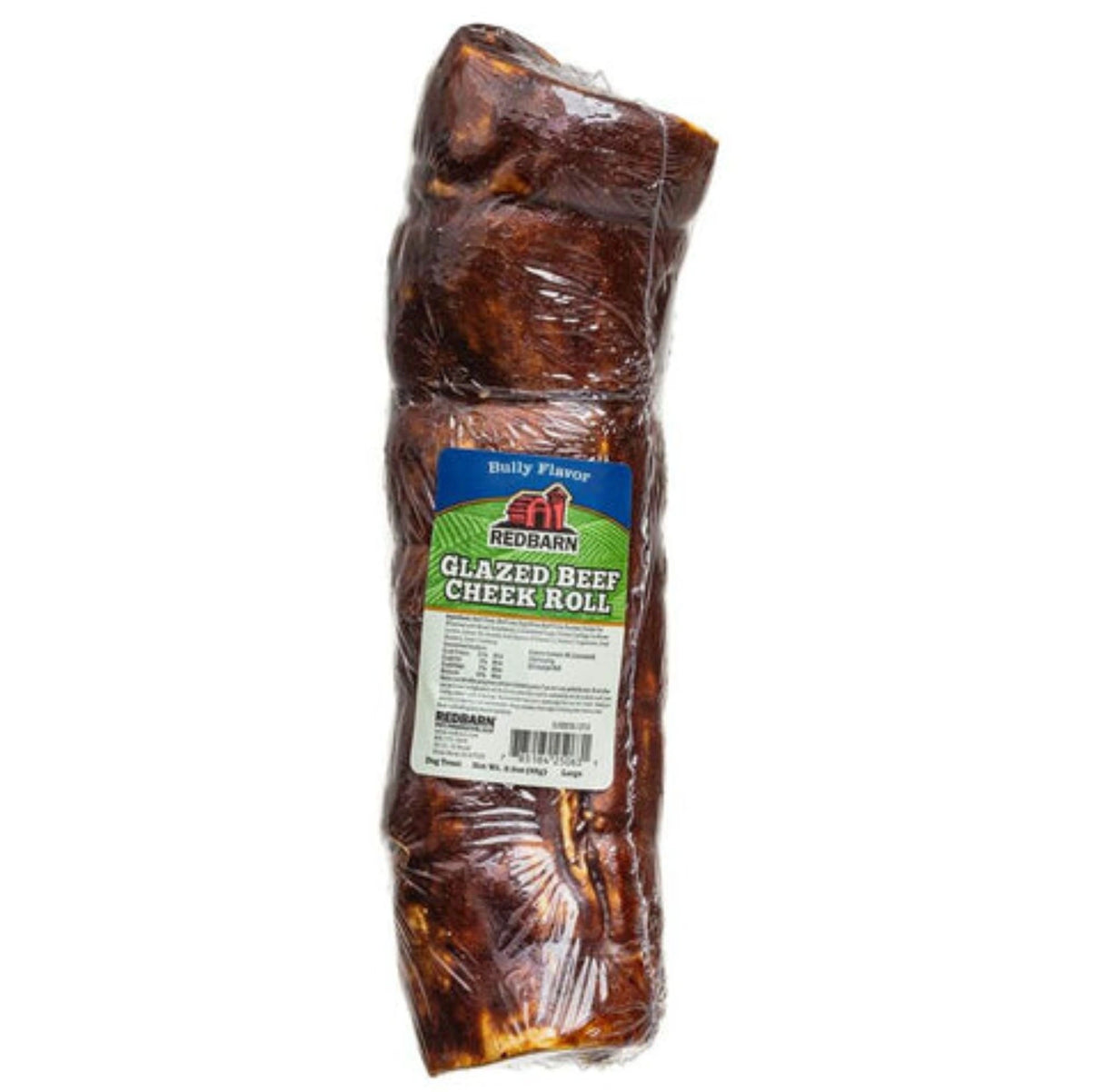 Front view of Red Barn Glazed Beef Cheek Roll Large Bully Flavor Dog Treats on a white background