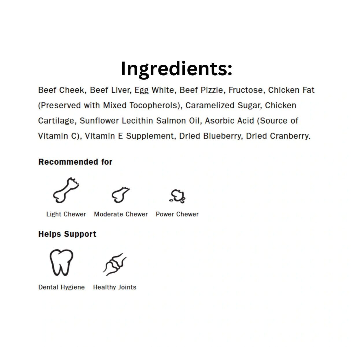 List of ingredients in Red Barn Glazed Beef Cheek Roll Large Bully Flavor Dog Treats with icons