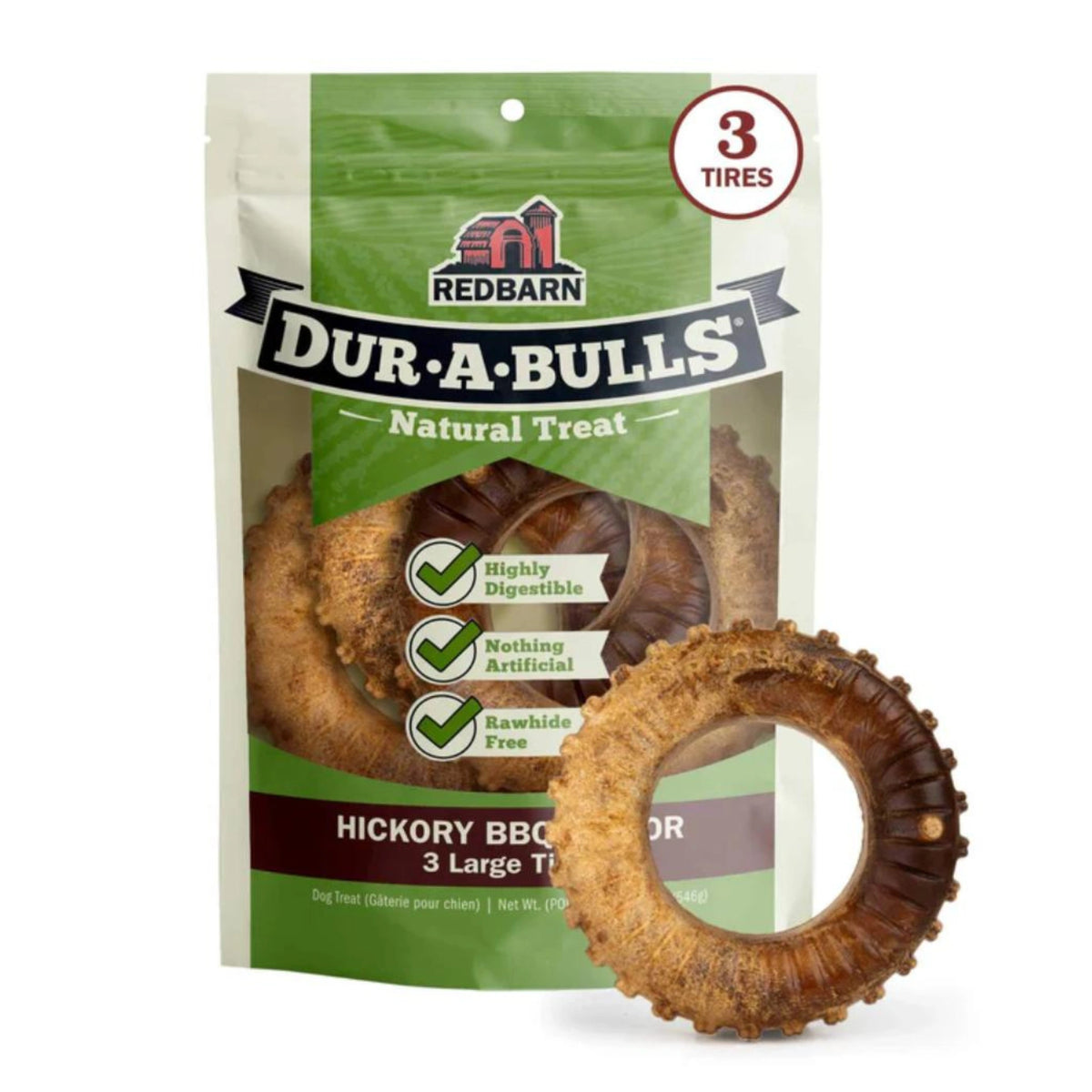 Front view of Redbarn Dur-A-Bulls Tire Dog Treats on a white background