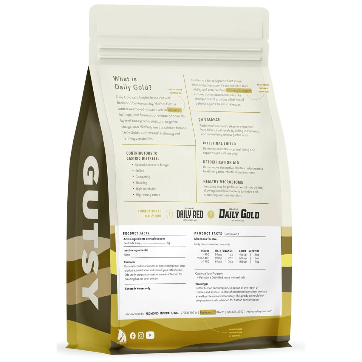 Back side view of Redmond Daily Gold Smarter Gut Performance Powder horse feed supplement on a white background