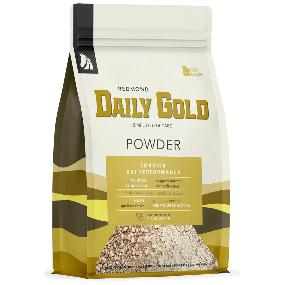 Front side view of Redmond Daily Gold Smarter Gut Performance Powder horse feed supplement on a white background