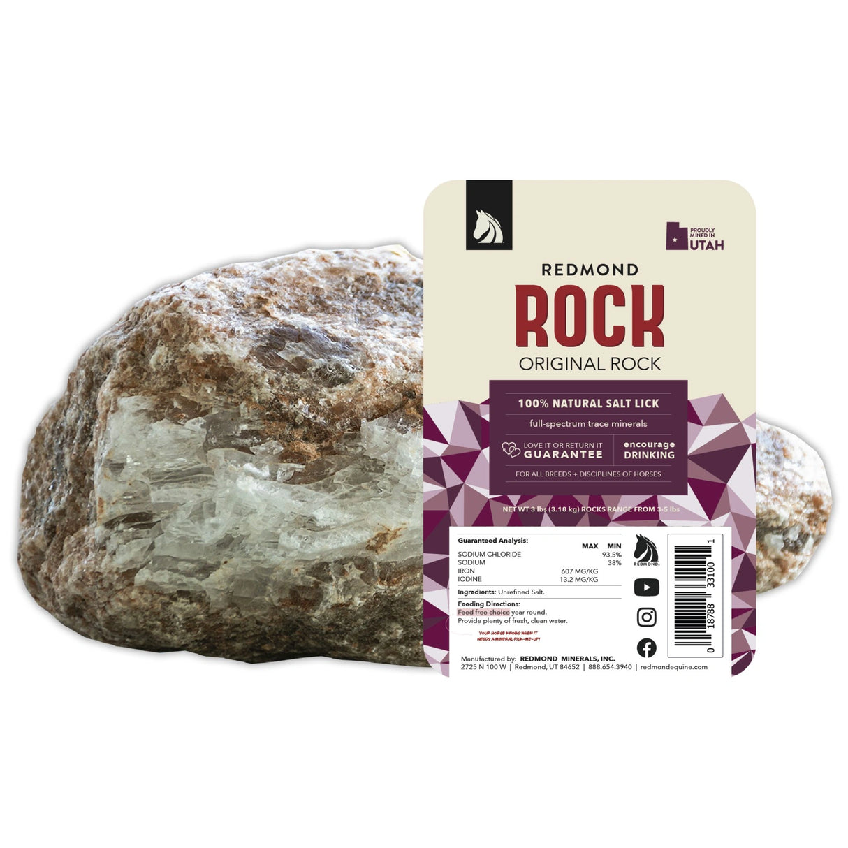Front view of Regular Redmond Natural Salt Lick Rock Horse Supplement on a white background