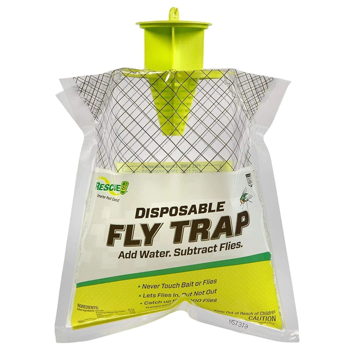 A front view of Rescue Disposable Fly Trap Bag with Attachment on a white background