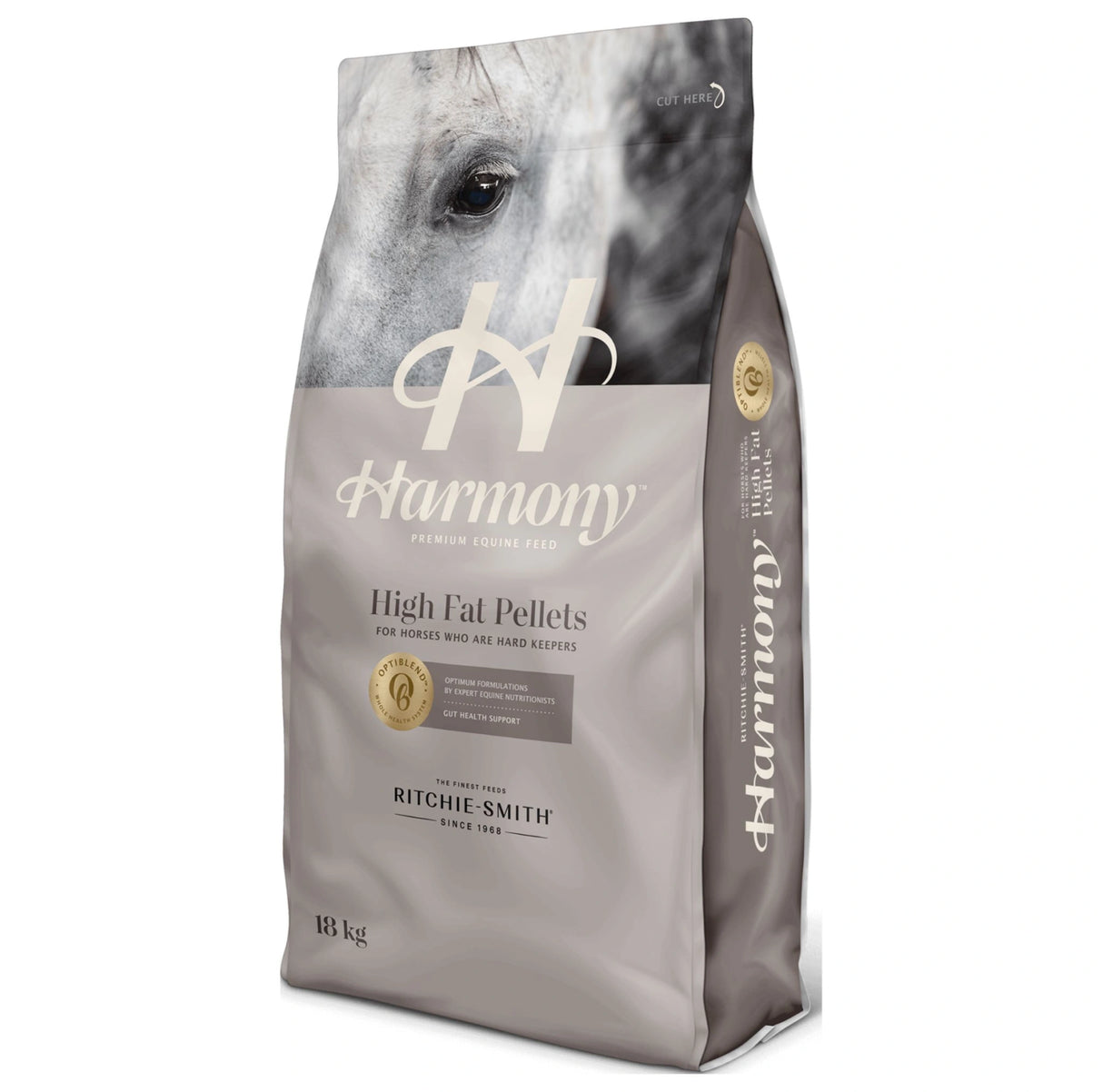 Front side view of Ritchie-Smith Harmony High Fat Pellets Horse Feed on a white background