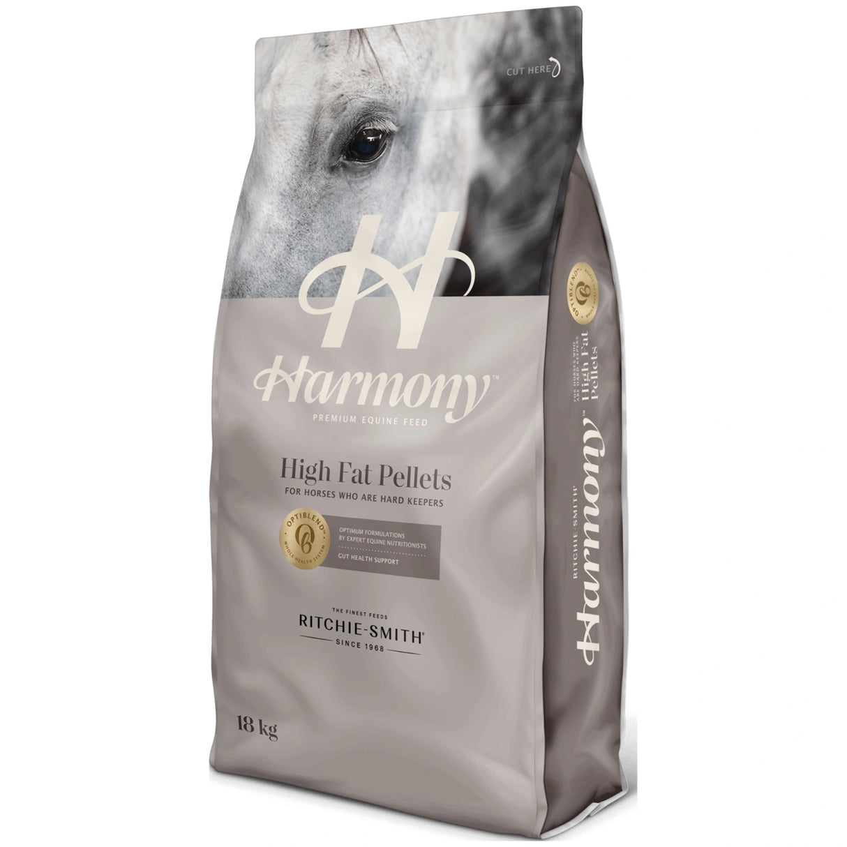 A front side view of Ritchie-Smith Harmony High Fat Pellets horse feed on a white background