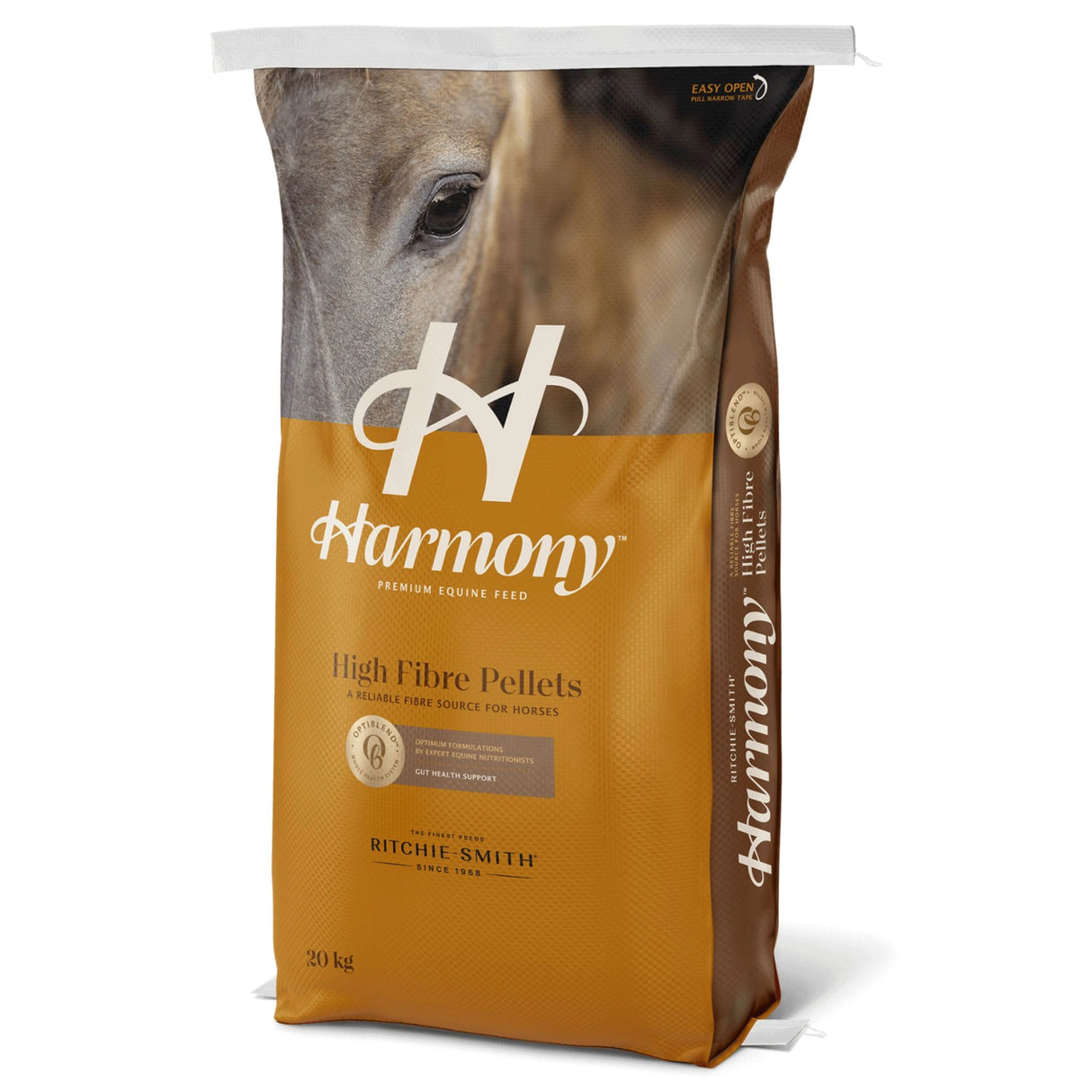 A front side view of Ritchie-Smith Harmony High Fibre Pellets horse feed on a white background