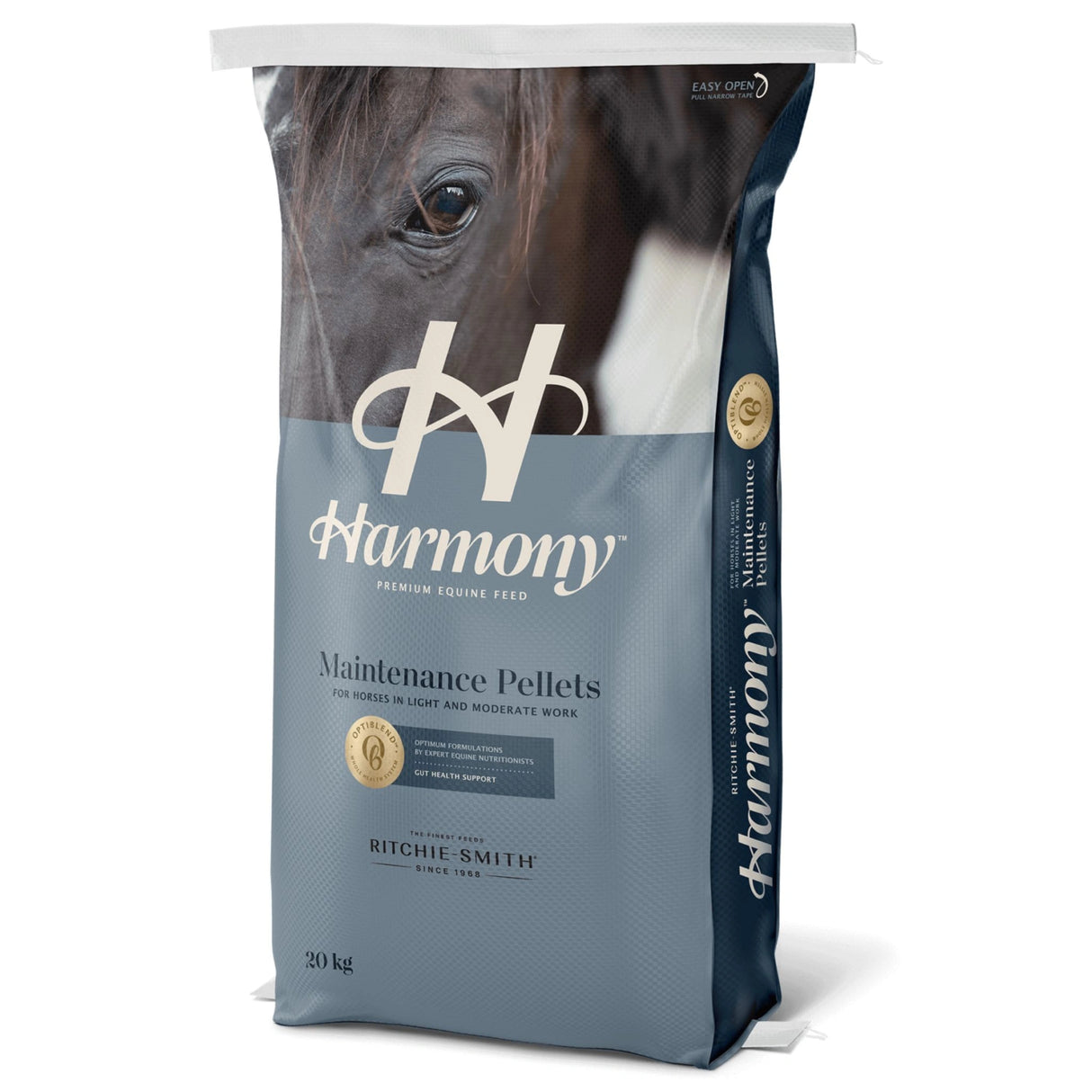 A front side view of Ritchie-Smith Harmony Maintenance Pellets horse feed on a white background