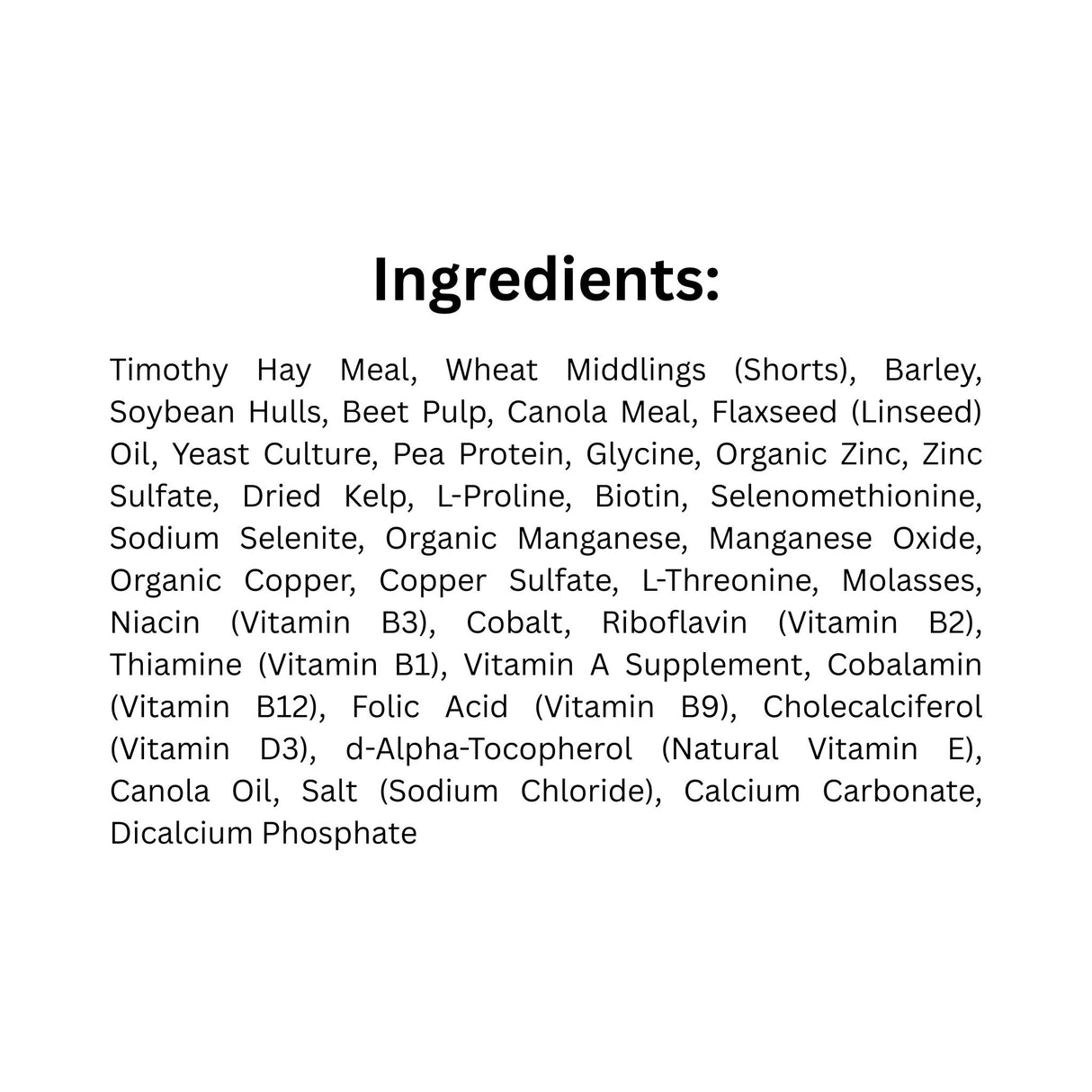 List of Ingredients of Ritchie-Smith Harmony Senior Horse Pellets with OptiBlend Whole Health System