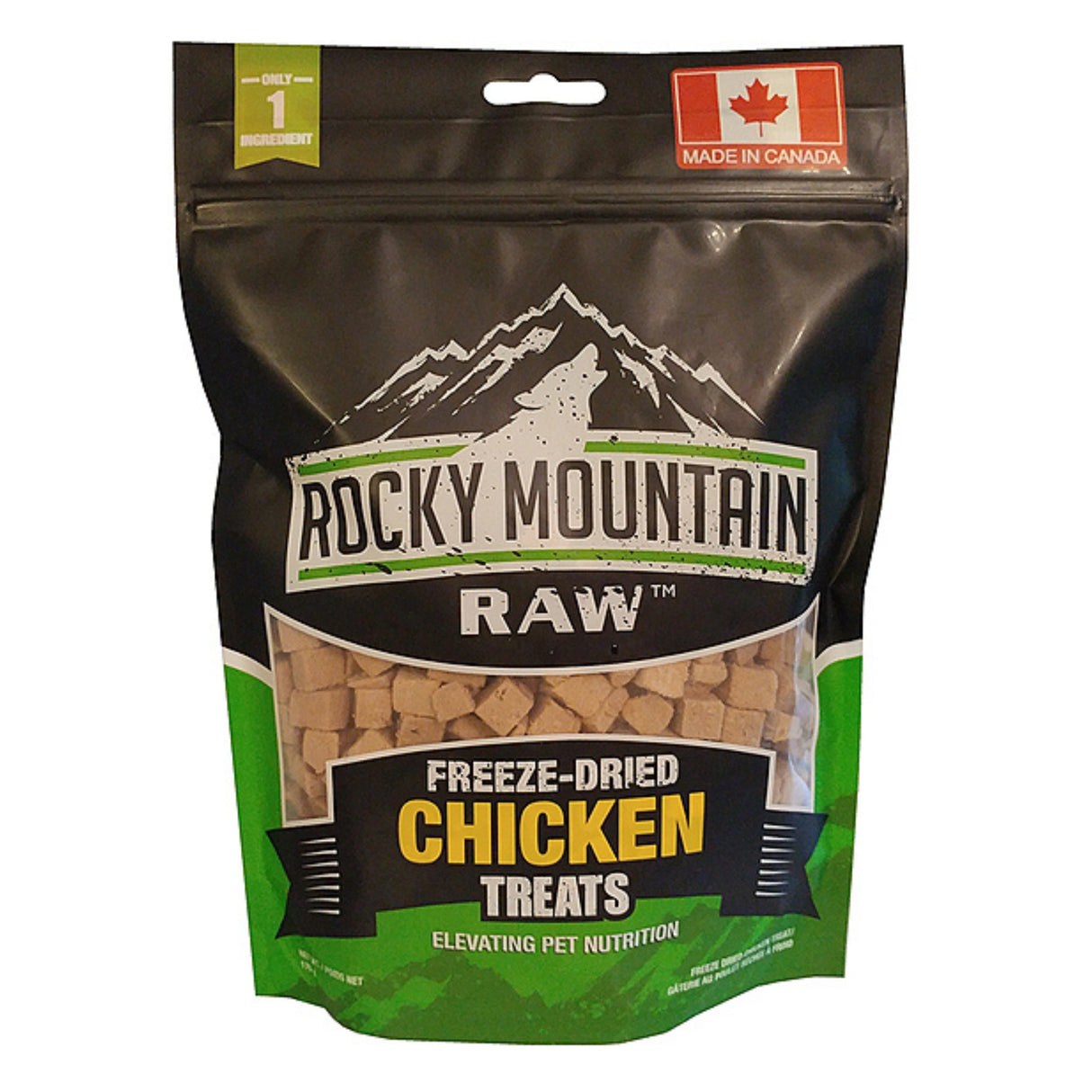 front view of Rocky Mountain Raw Freeze-Dried Chicken Dog Treat on a white background