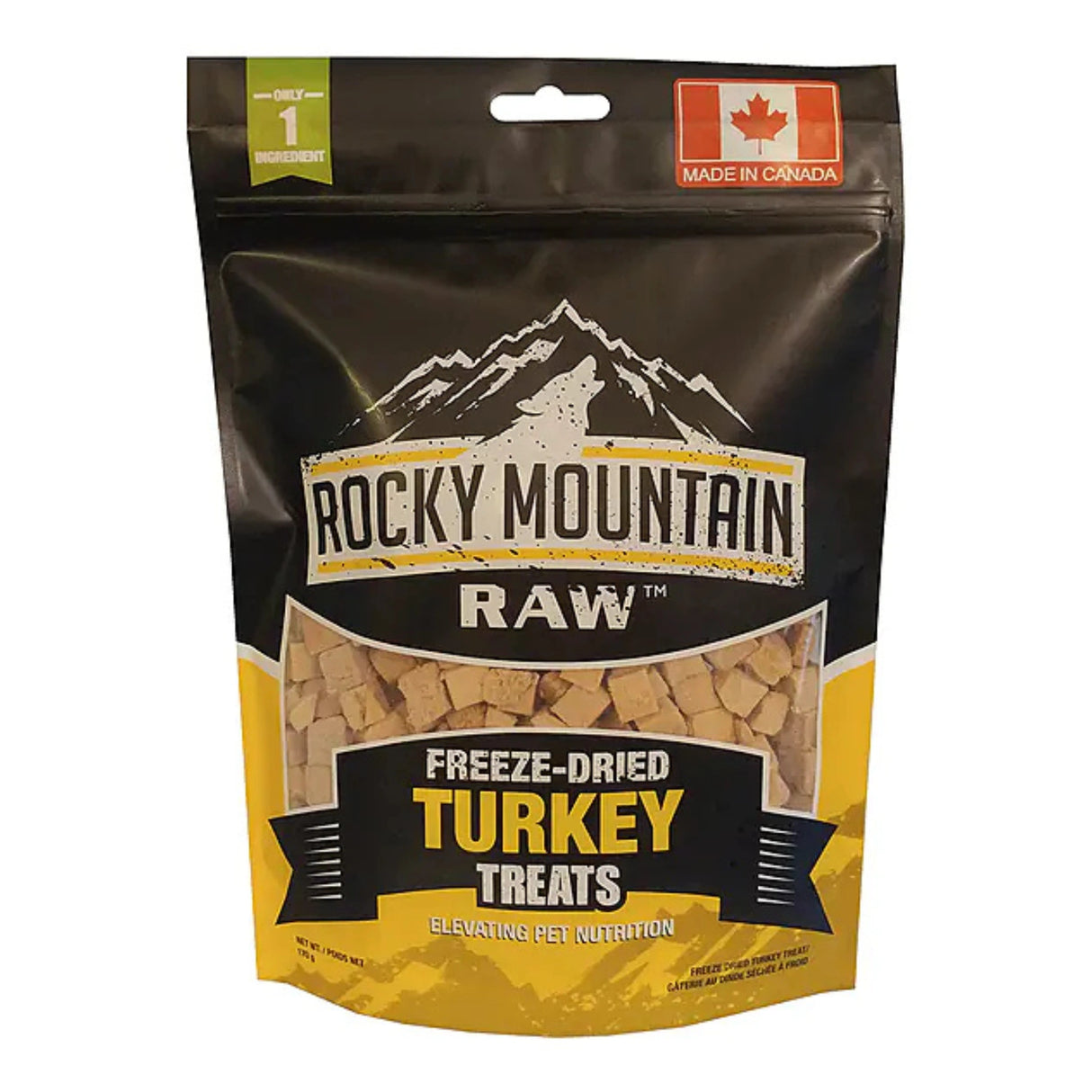 Front view of Rocky Mountain Raw freeze-dried turkey dog treats on a white background
