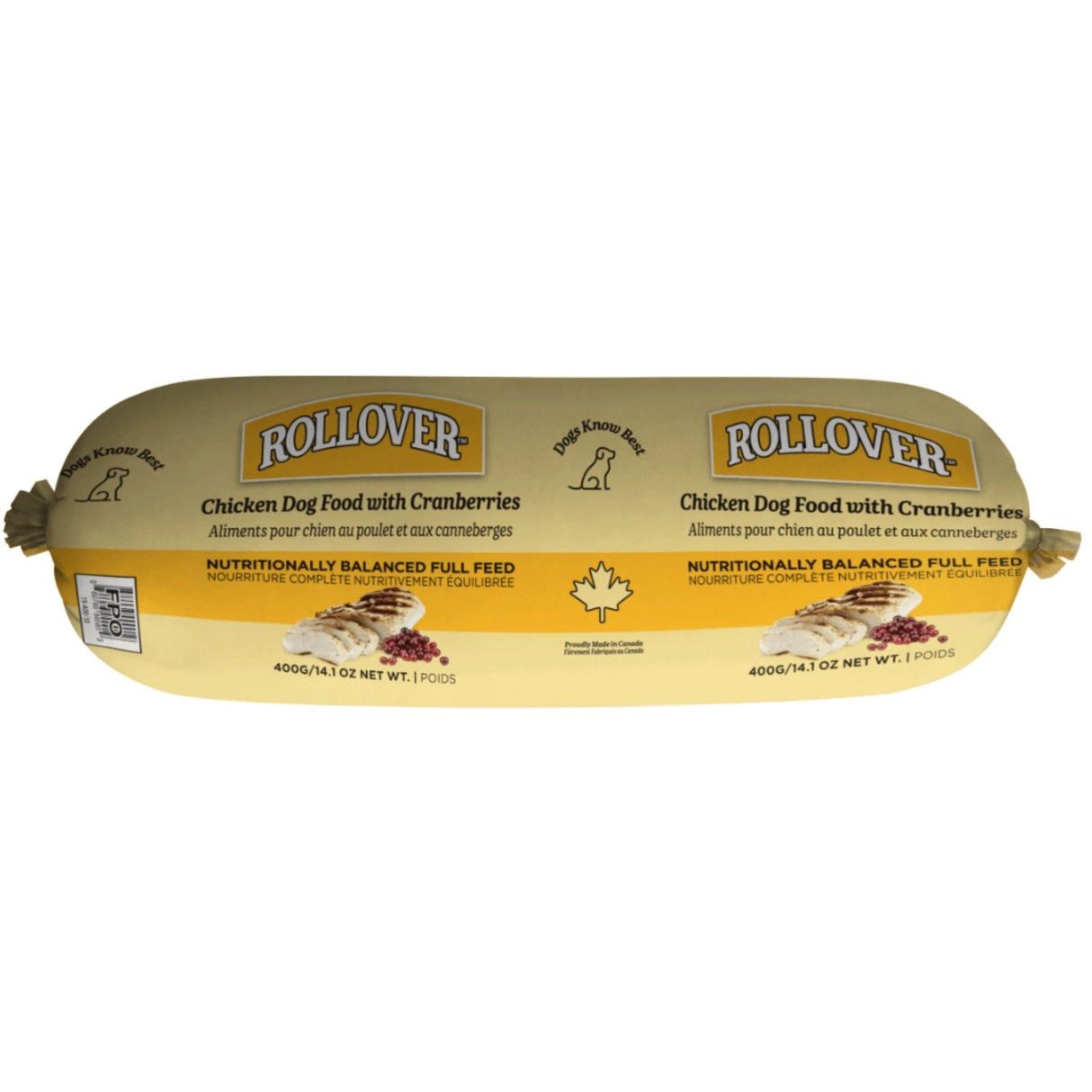 A front view of Rollover Functional 800g Chicken and Cranberries Dog Food on a white background
