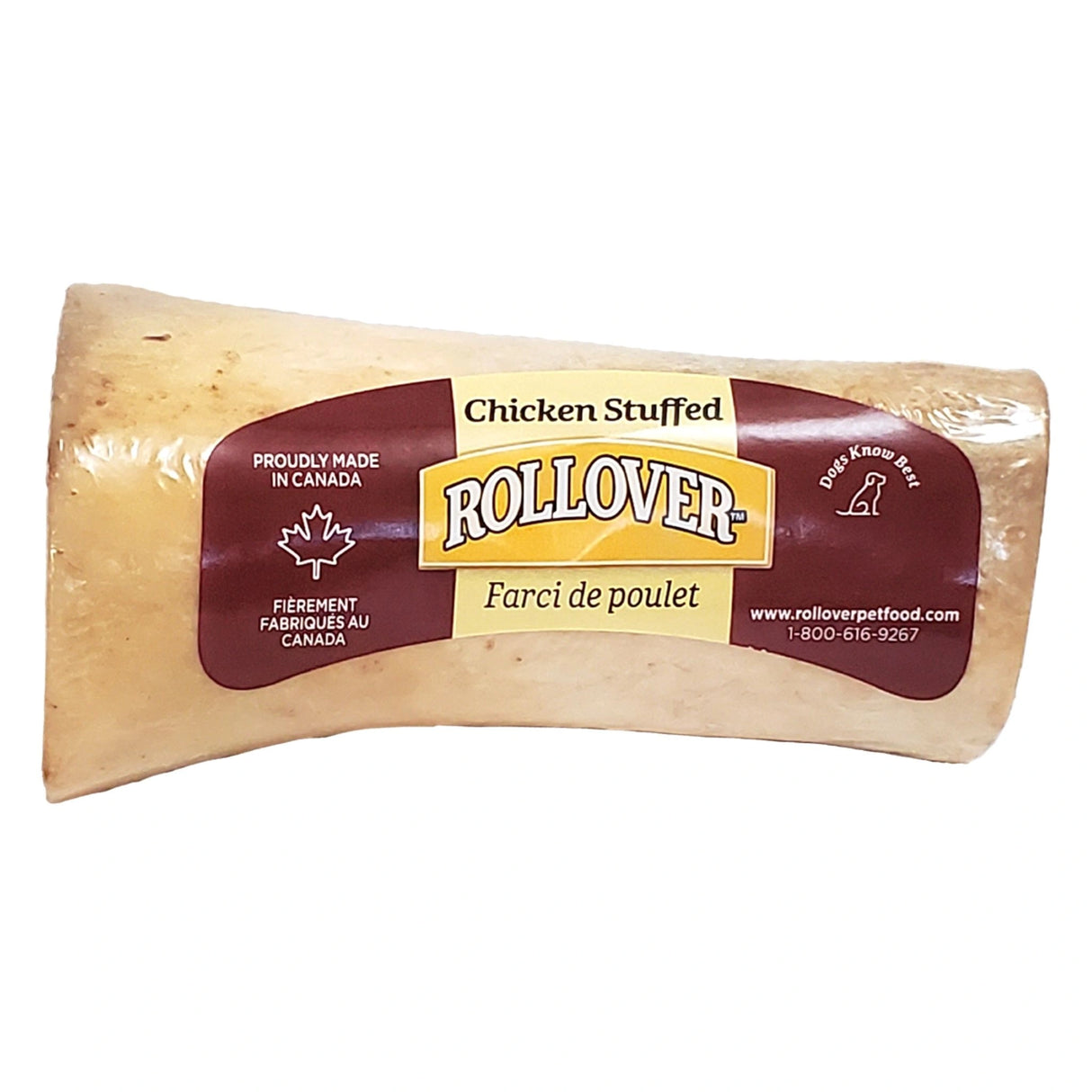 A front view of Rollover Beef Bones Chicken Stuffed Dog Food on a white background