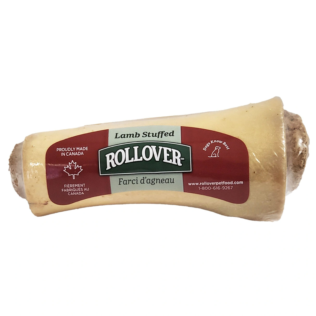 A front view of Rollover Beef Bones Lamb Stuffed Dog Food on a white background
