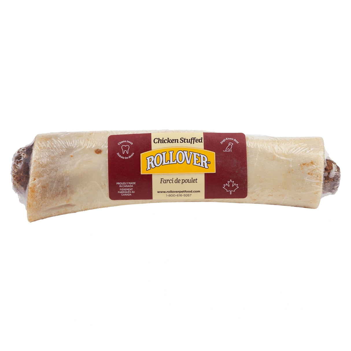 A front view of Rollover Stuffed Beef Bones Large Chicken Stuffed on a white background