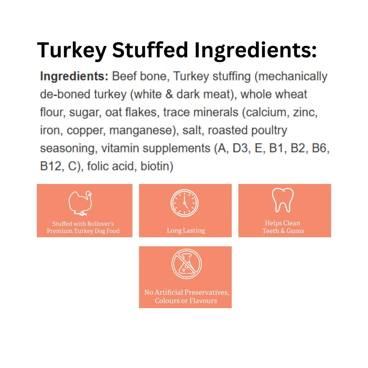 A list of ingredients for Rollover Stuffed Beef Bones Small Turkey Dog Food with icons