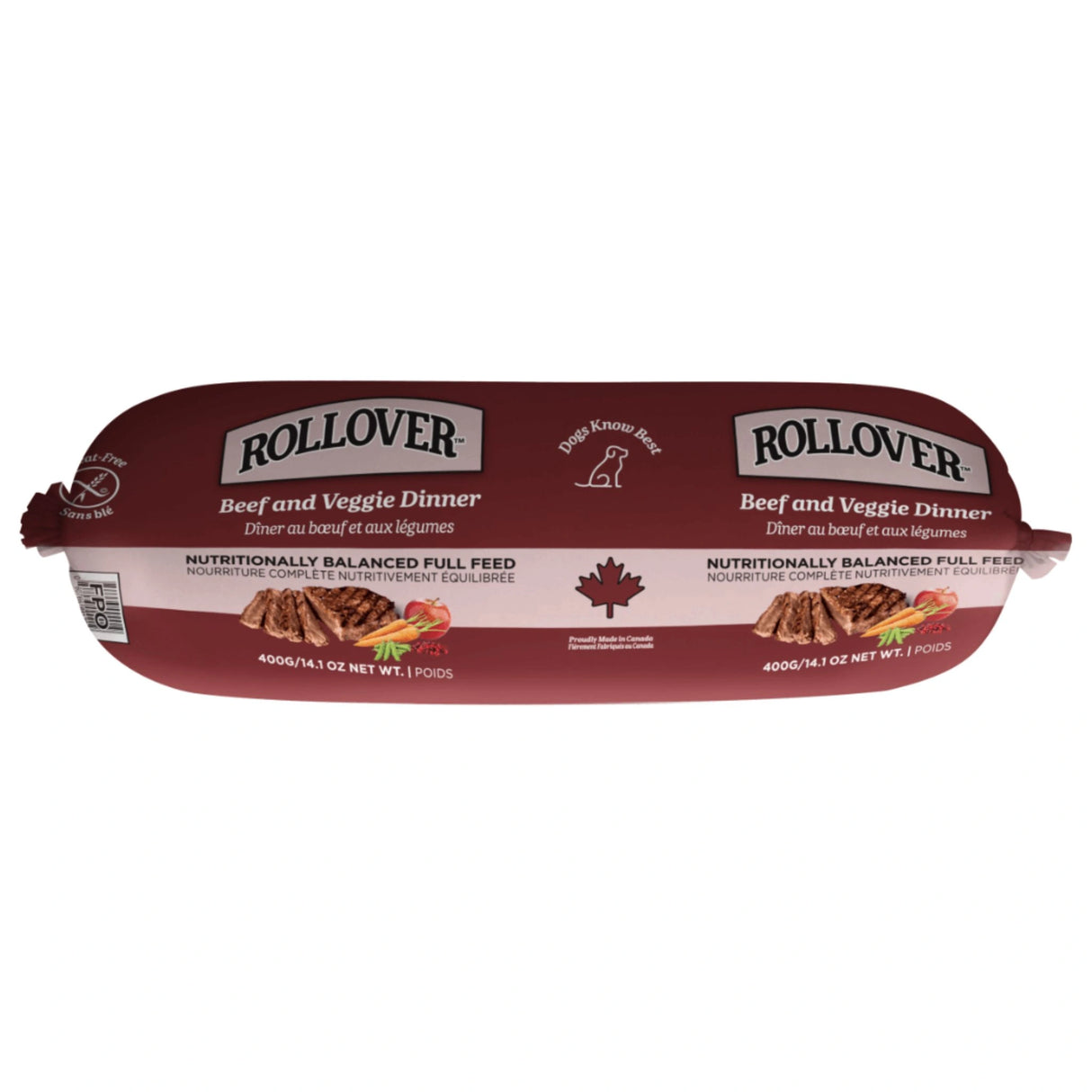 A front view of Rollover Wheat Free 454g Beef and Veggie Dog Food on a white background