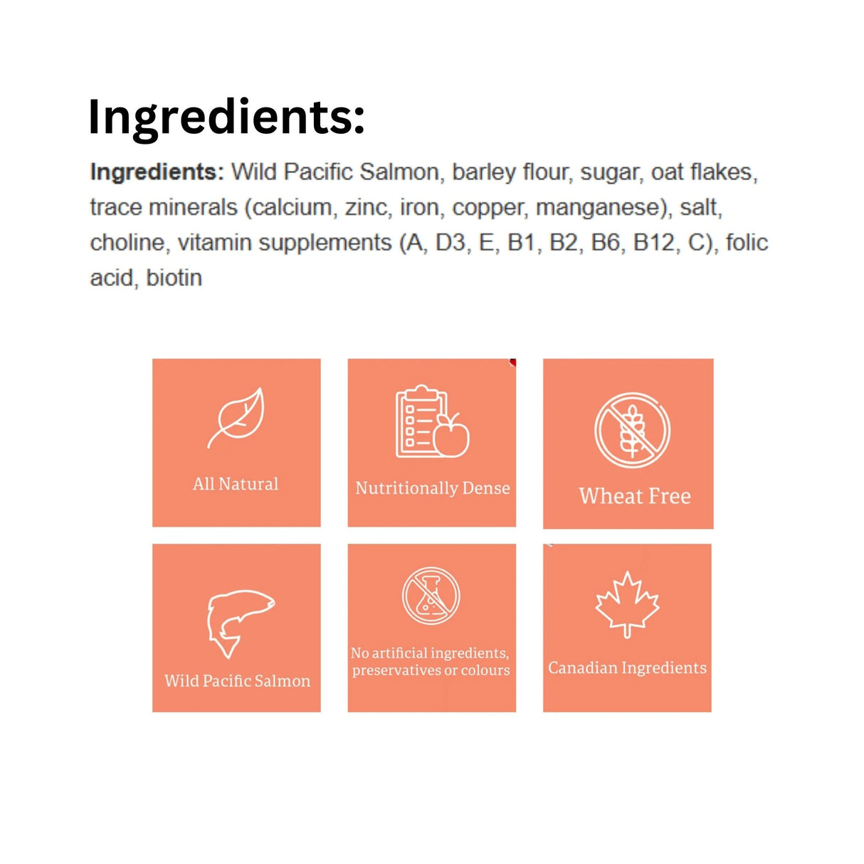 A list of ingredients for Rollover Wheat-Free 800g Wild Pacific Salmon Dog Food