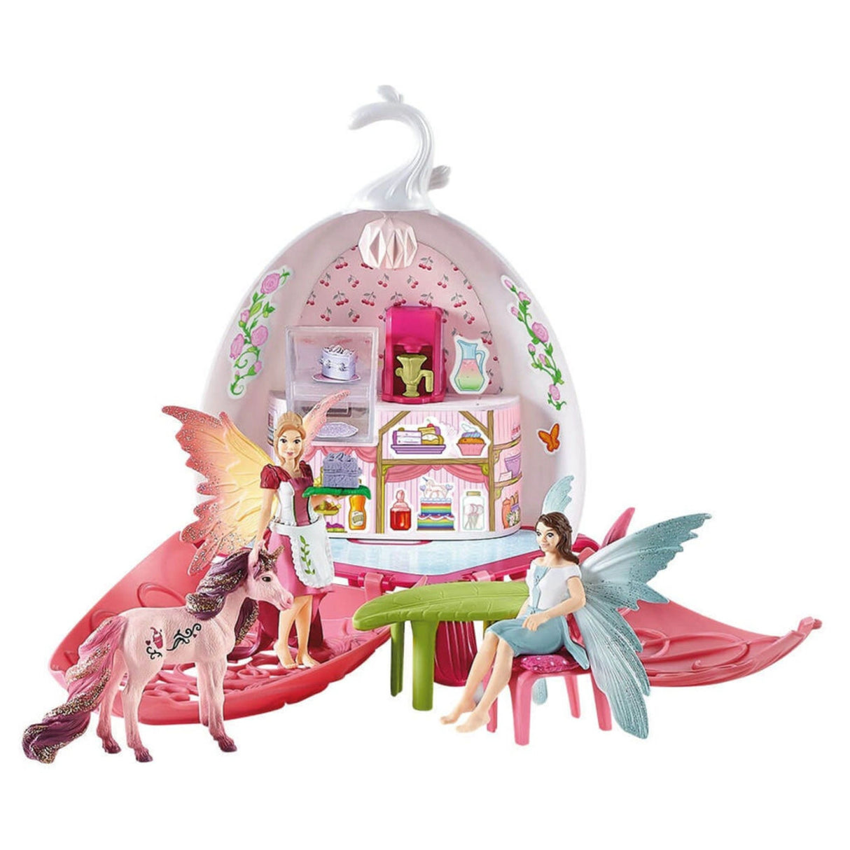 Close-up of Schleich Fairy Café Blossom playset with fairies and unicorn—Schleich animals fairy toys—on a white background