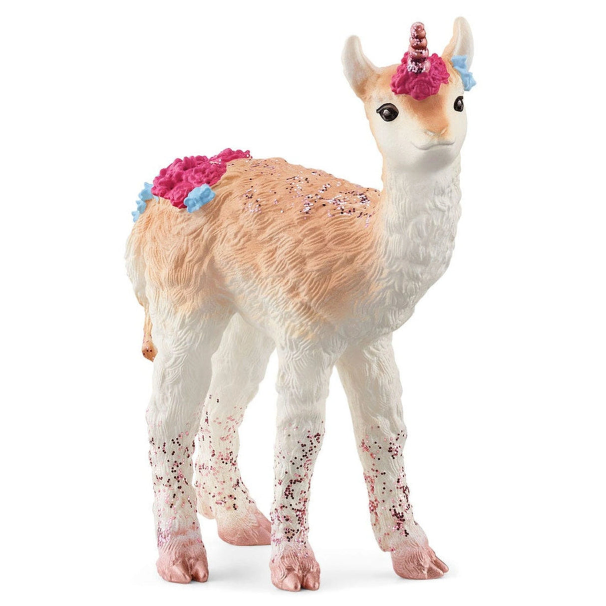 Detailed close-up of Schleich Bayala llamacorn figurine on a white background