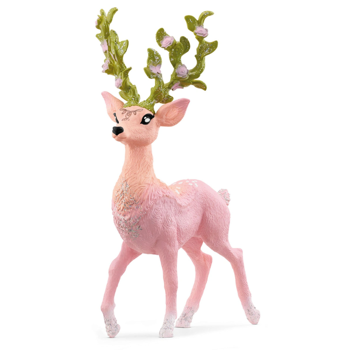 A close-up view of Schleich Toy Deer with golden antlers and pink coat on a white background