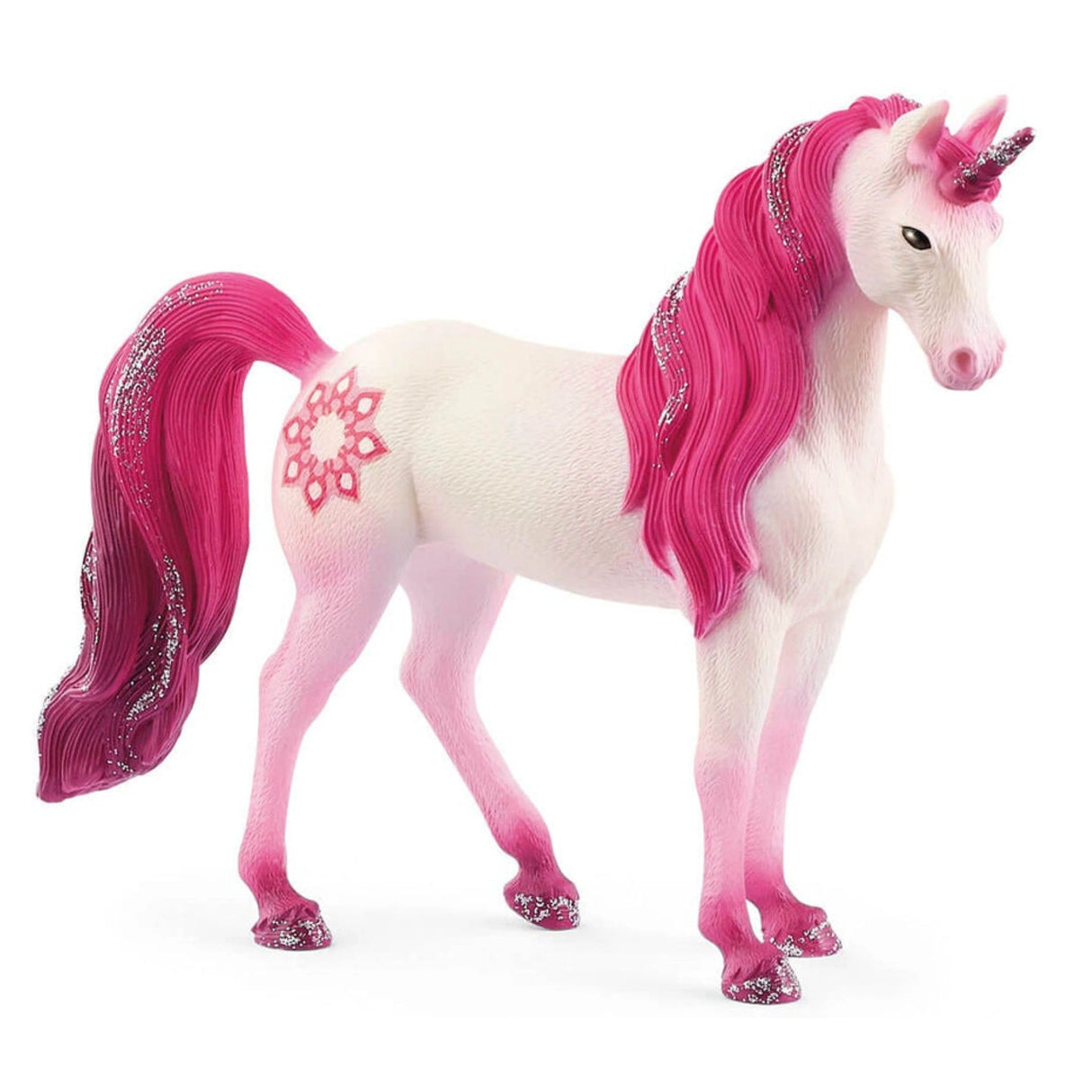 A close-up view of Schleich Bayala Mandala Unicorn Mare figurine with pink mane on a white background