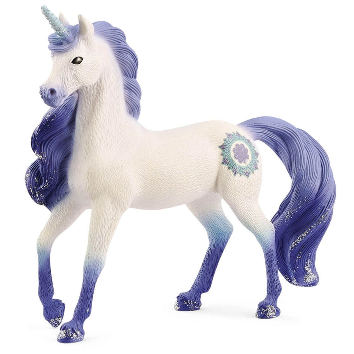A close-up view of Schleich Mandala Unicorn Stallion Horse Toy on a white background