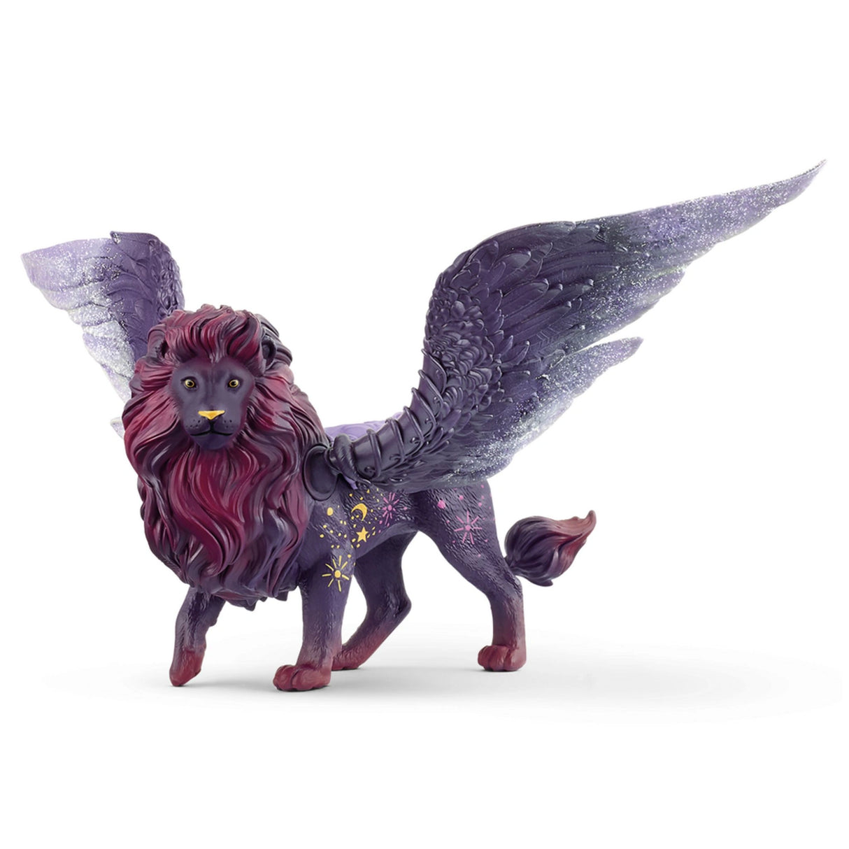 A close-up view of Schleich toy lion with glow-in-the-dark wings on a white background