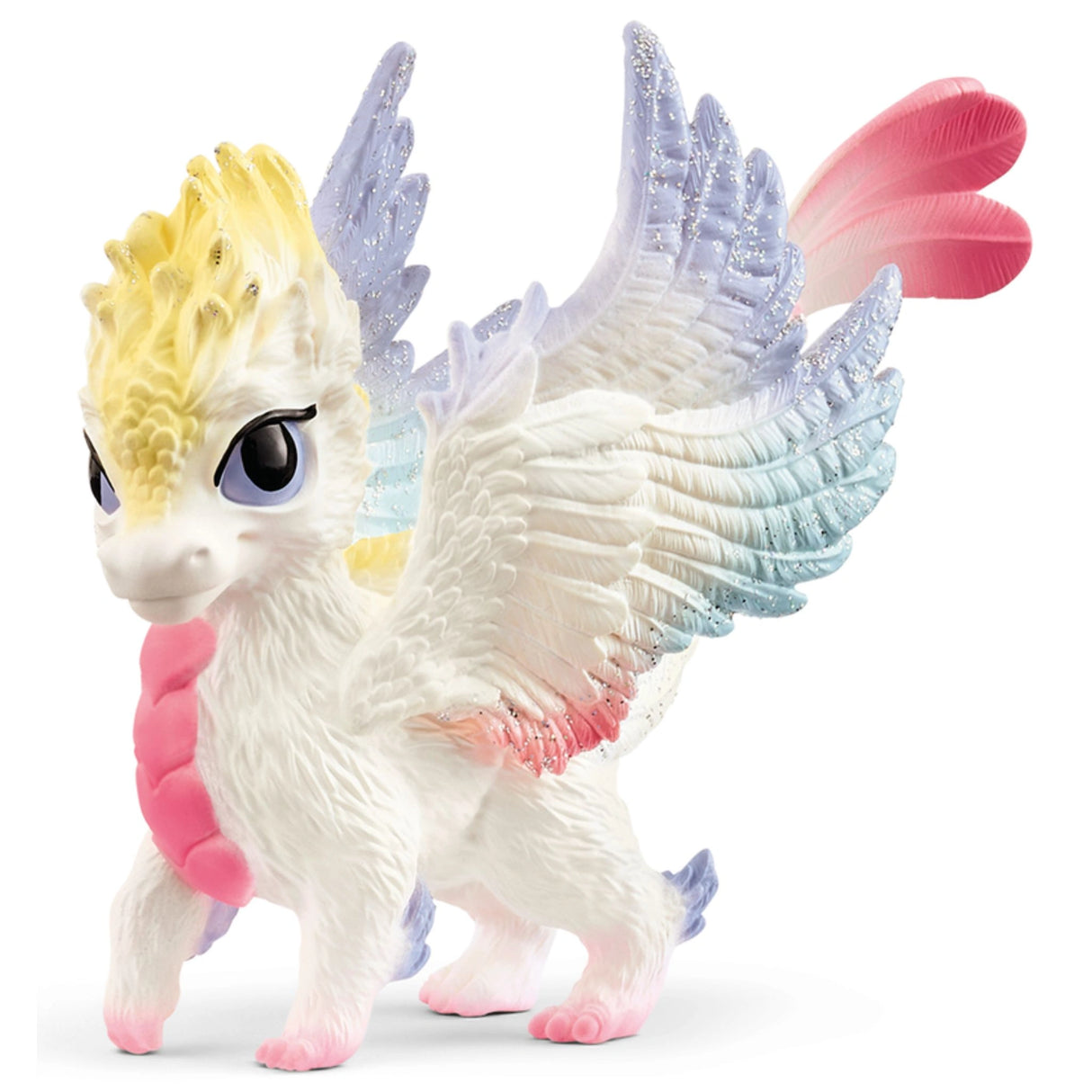 A close-up view of Schleich Bayala Rainbow Baby Dragon on a white background