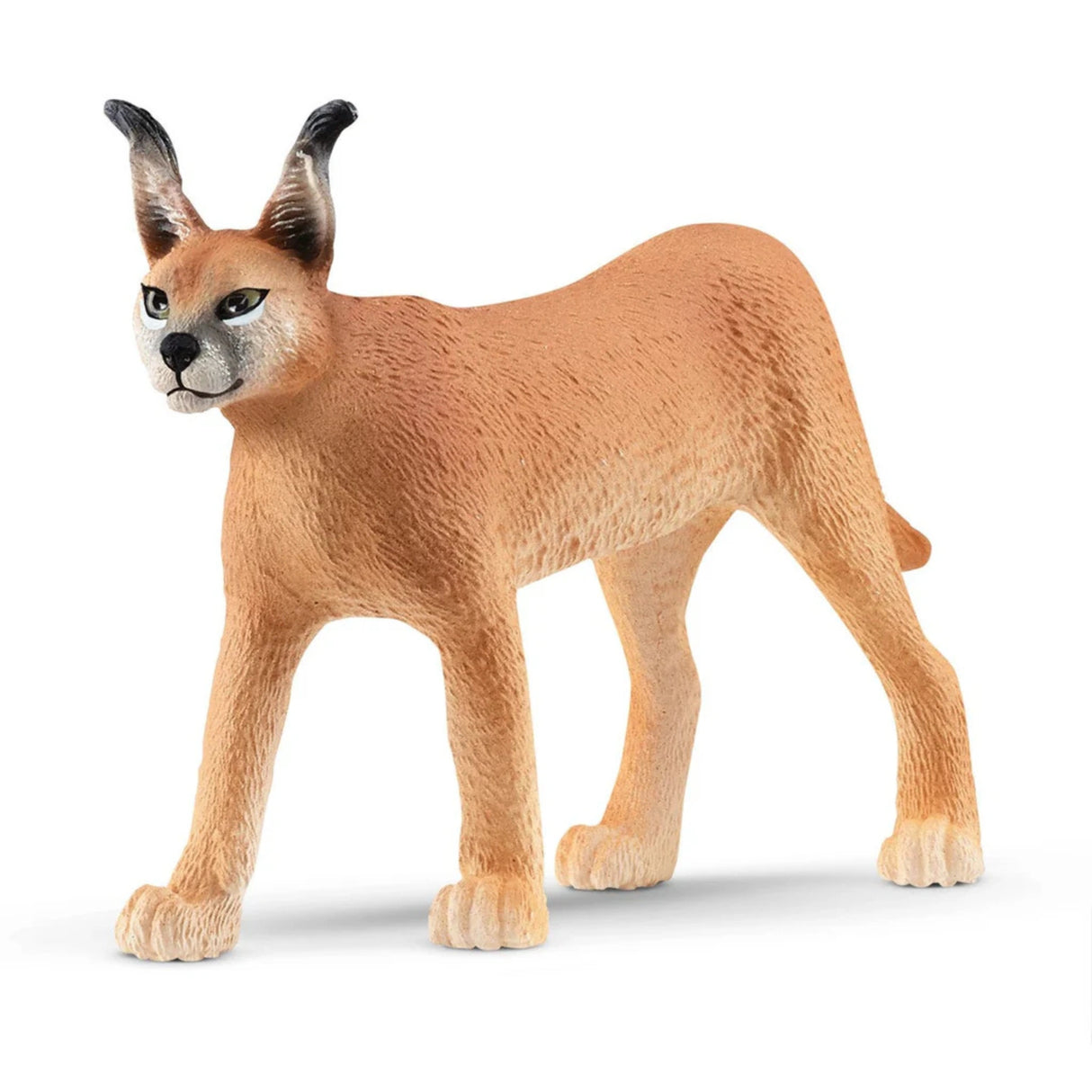 A close-up view of the Schleich Caracal Female wild animal toy on a white background