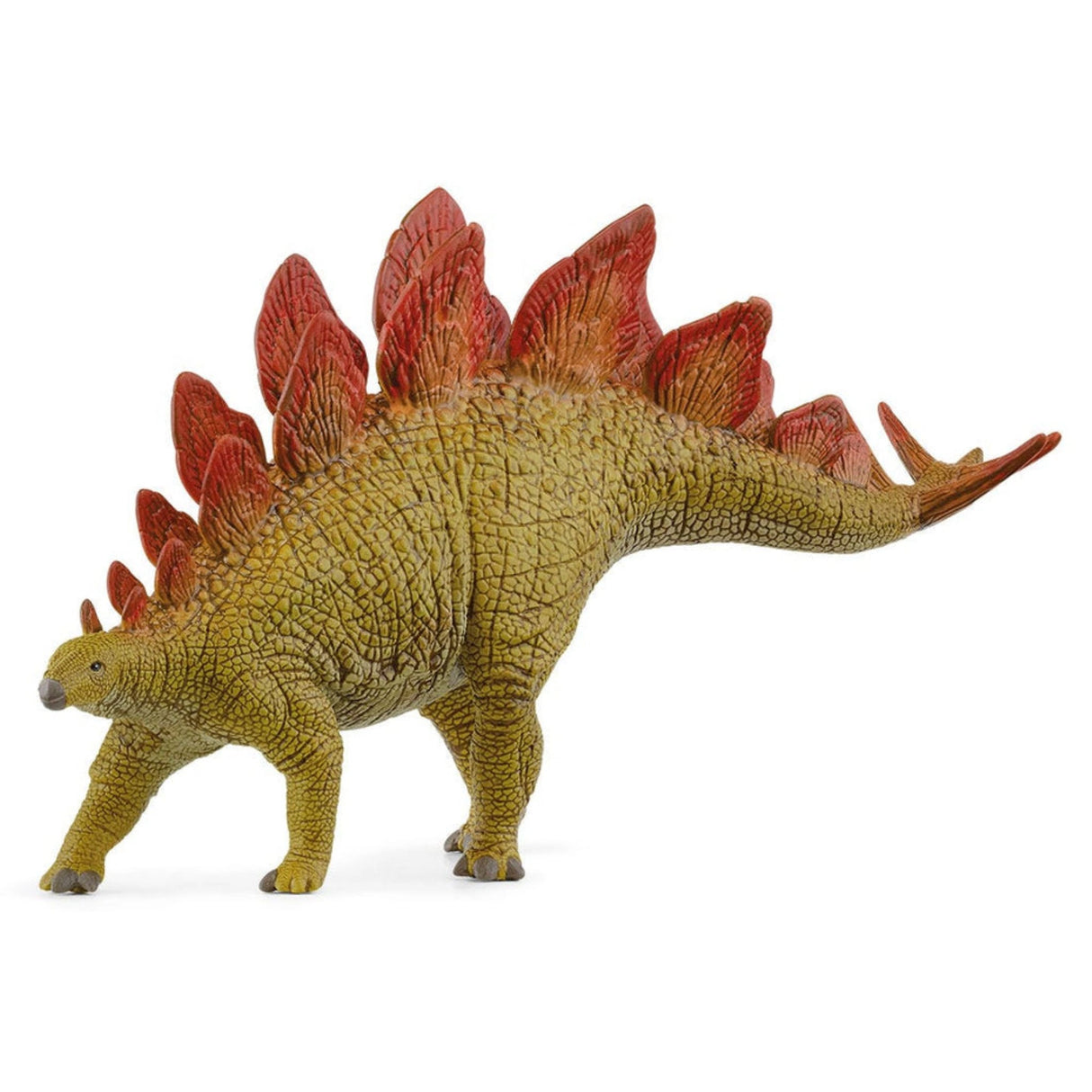 A close-up view of Schleich Stegosaurus Dinosaur Toy with red armored plates on a white background