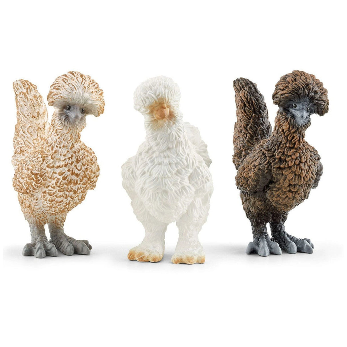A close-up view of Schleich chicken toys featuring Silkie and Polish chickens on a clean white background