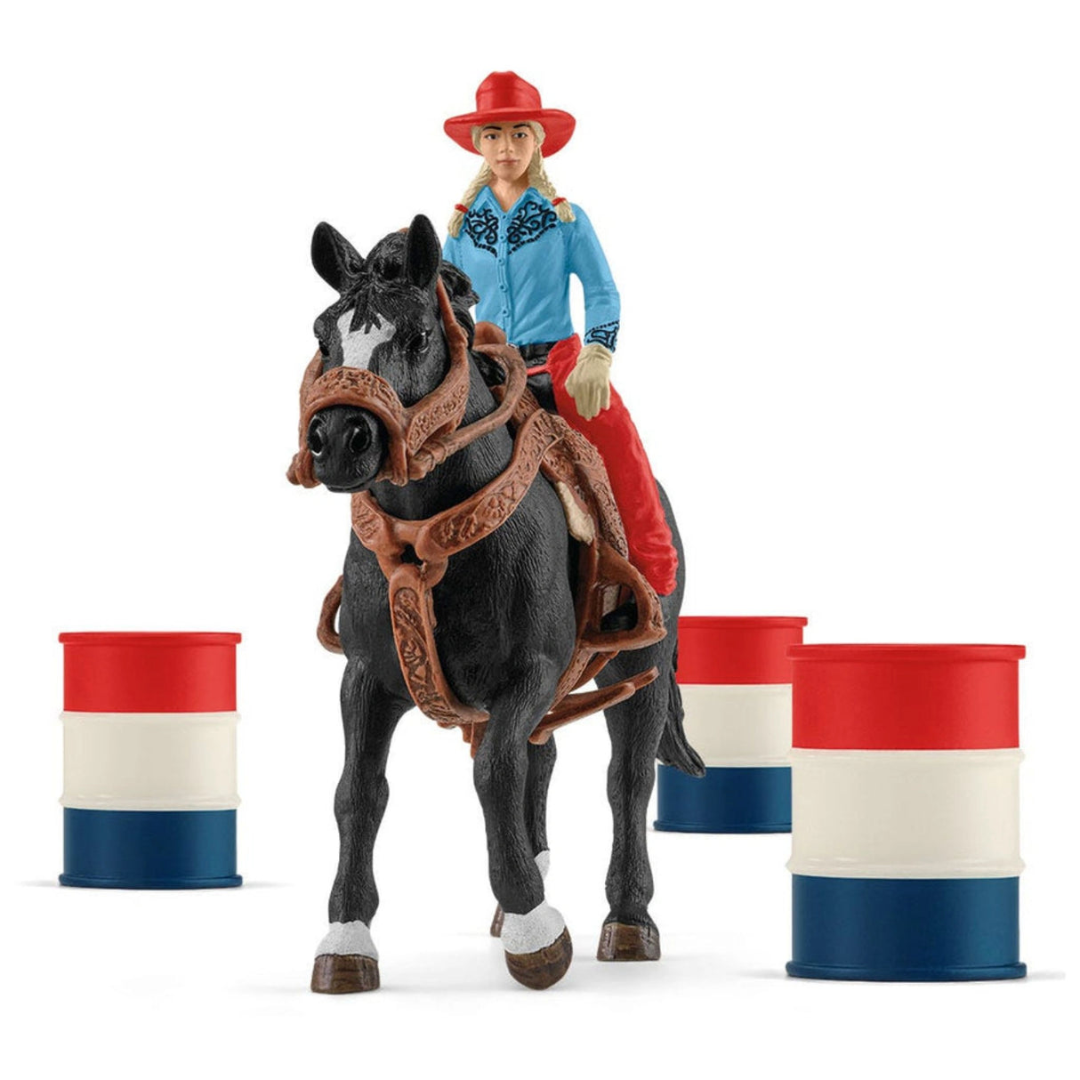 A close-up view of Schleich Cowgirl Barrel Racing Fun horse toy on a white background