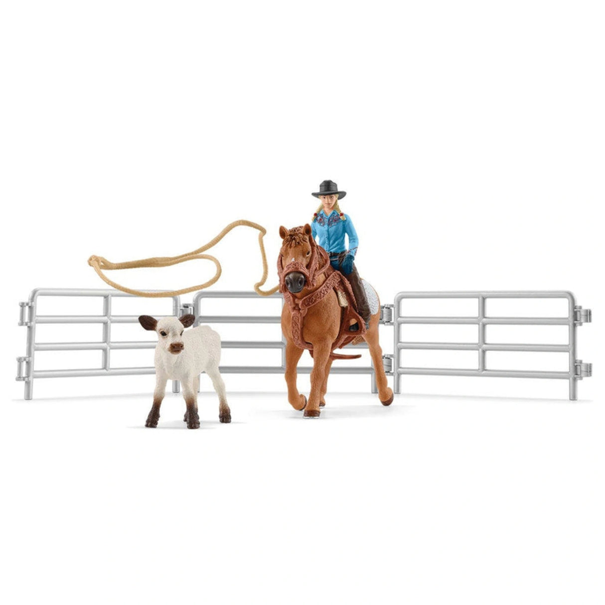 A close-up view of Schleich Farm Animal Toys Cowgirl Team Roping Fun playset on a white background