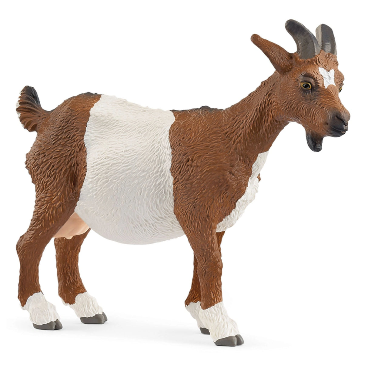 A close-up view of Schleich goat farm animal toy with white-brown coat on a white background