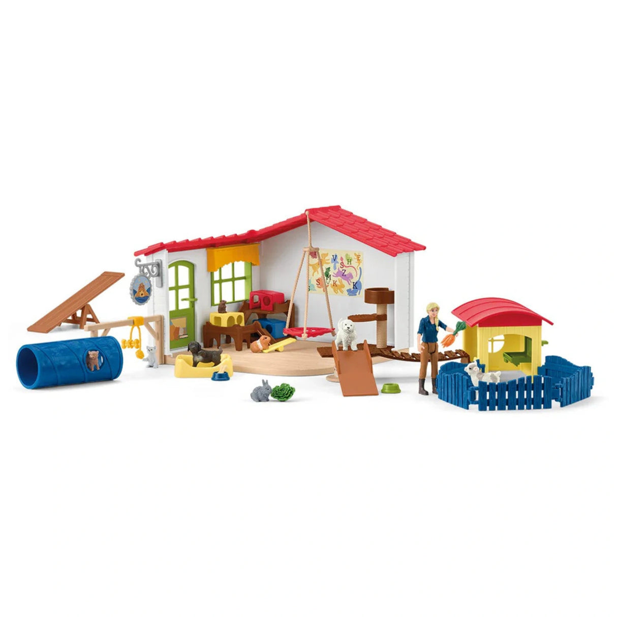 Front view of Schleich Pet Hotel Farm Animal Toys playset on a white background